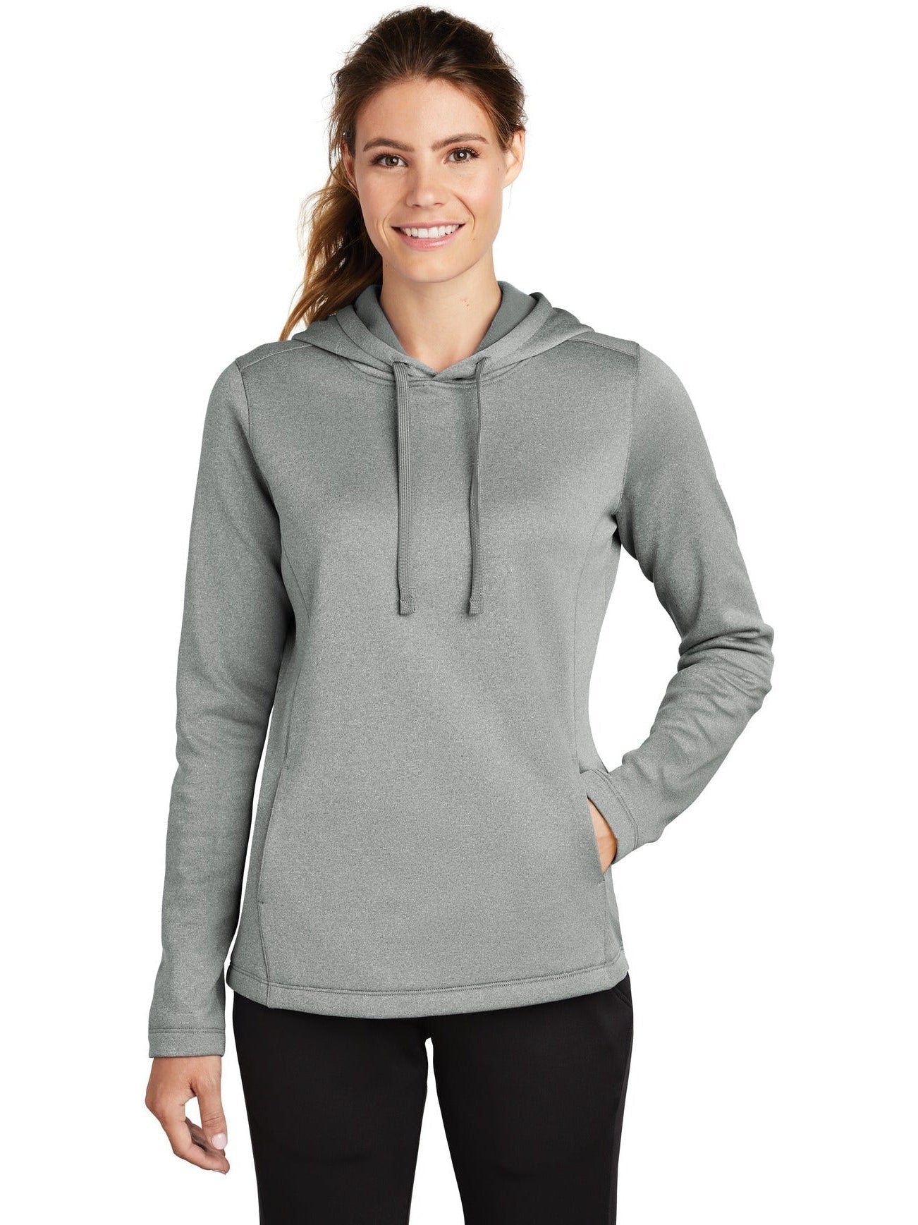 Sport-Tek Ladies Posicharge Sport-Wick Heather Fleece Hooded Pullover-Regular-Sport-Tek-Dark Silver Heather-S-Thread Logic