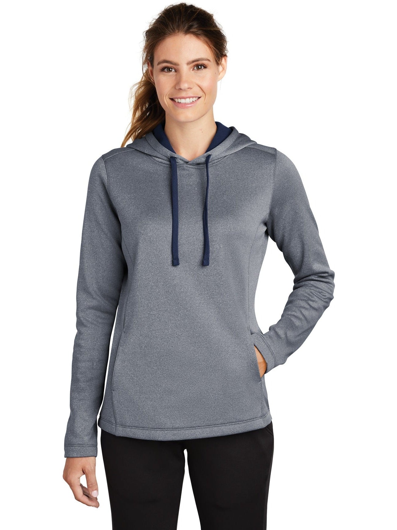 Sport-Tek Ladies Posicharge Sport-Wick Heather Fleece Hooded Pullover-Regular-Sport-Tek-True Navy Heather-S-Thread Logic