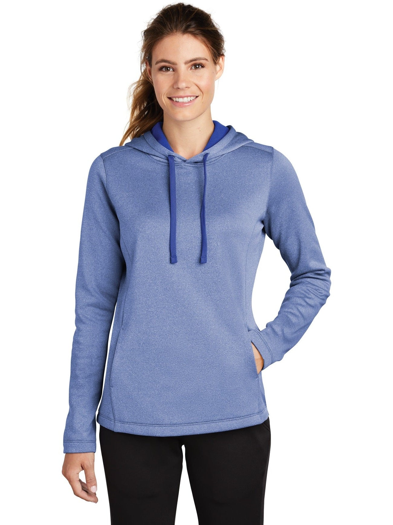 Sport-Tek Ladies Posicharge Sport-Wick Heather Fleece Hooded Pullover-Regular-Sport-Tek-True Royal Heather-S-Thread Logic