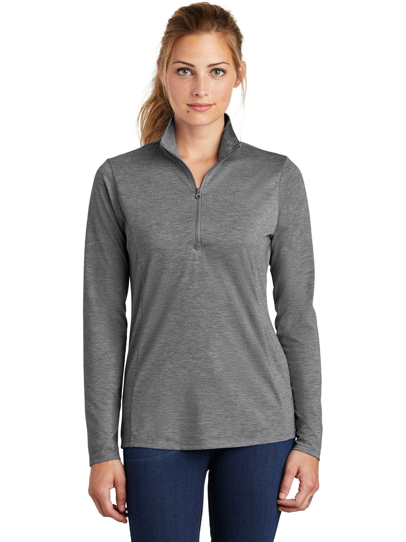 Sport-Tek Ladies Posicharge Tri-Blend Wicking 1/4-Zip Pullover-Regular-Sport-Tek-Dark Grey Heather-S-Thread Logic