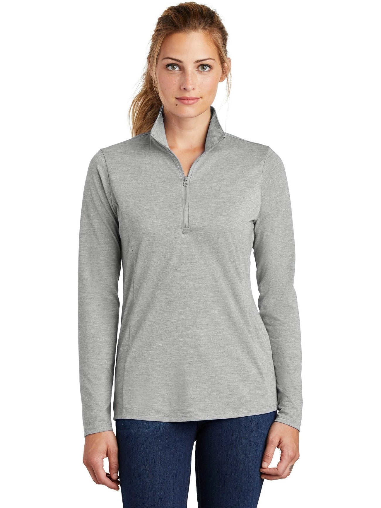 Sport-Tek Ladies Posicharge Tri-Blend Wicking 1/4-Zip Pullover-Regular-Sport-Tek-Light Grey Heather-S-Thread Logic
