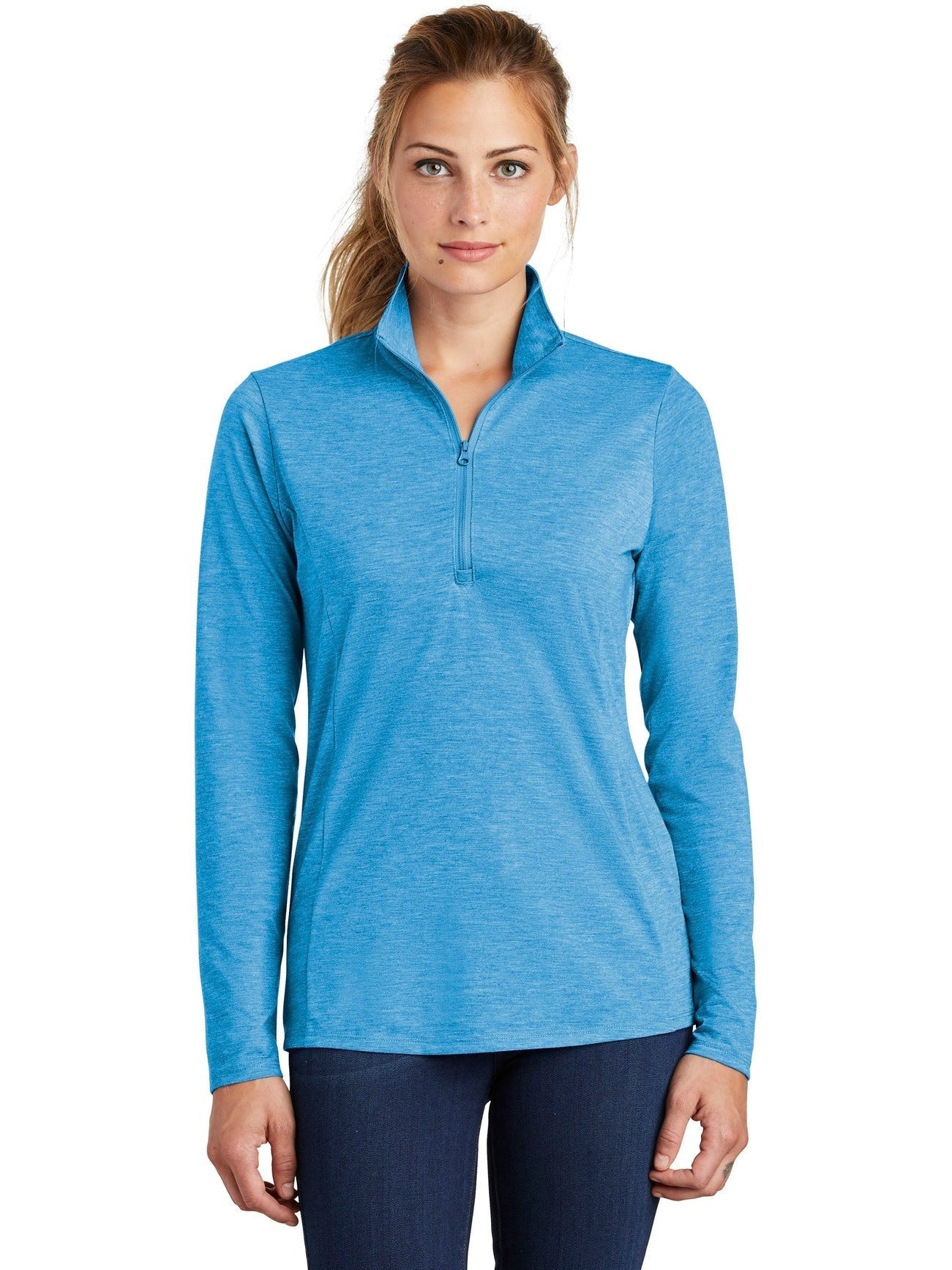 Sport-Tek Ladies Posicharge Tri-Blend Wicking 1/4-Zip Pullover-Regular-Sport-Tek-Pond Blue Heather-S-Thread Logic
