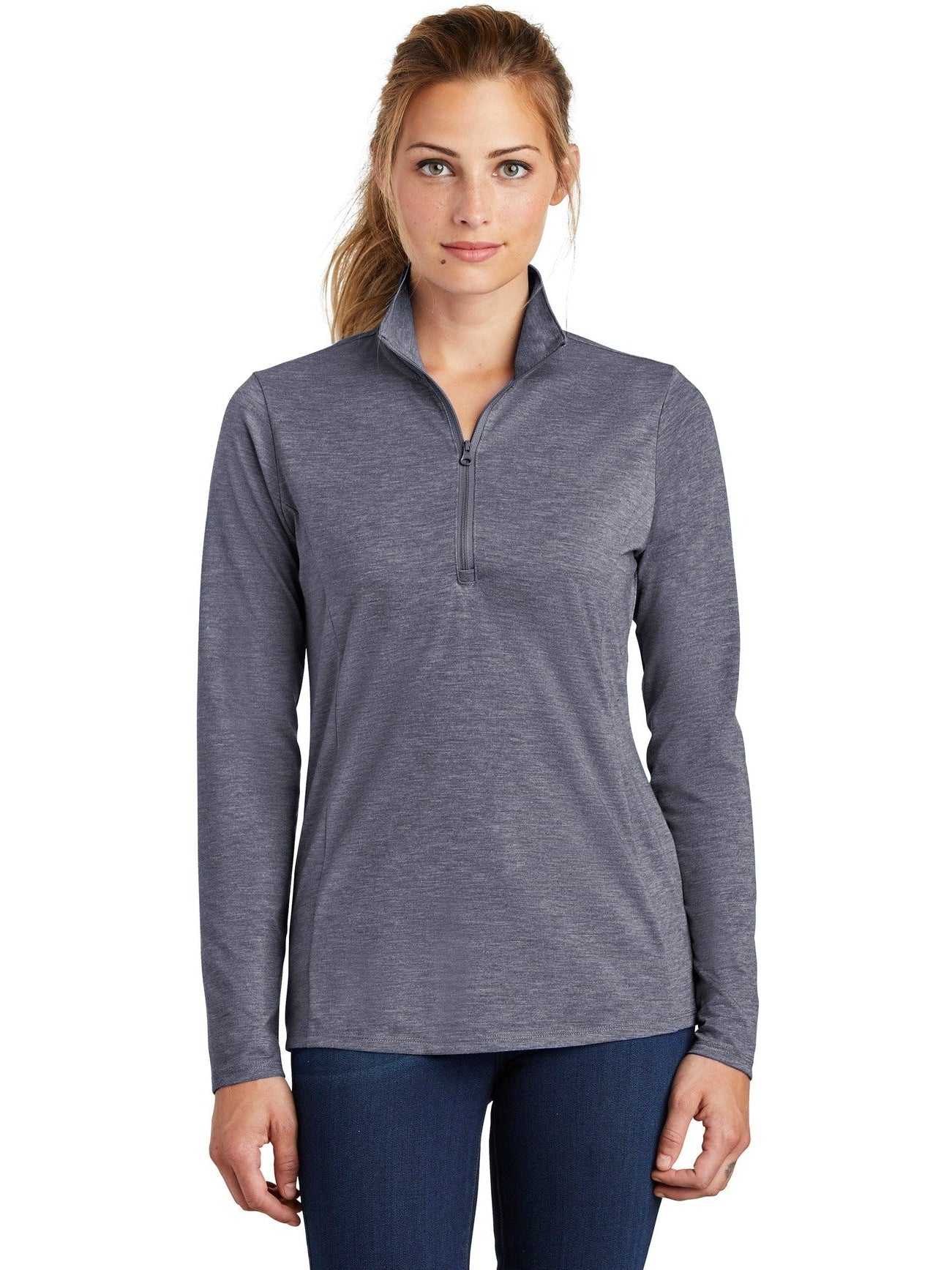 Sport-Tek Ladies Posicharge Tri-Blend Wicking 1/4-Zip Pullover-Regular-Sport-Tek-True Navy Heather-S-Thread Logic
