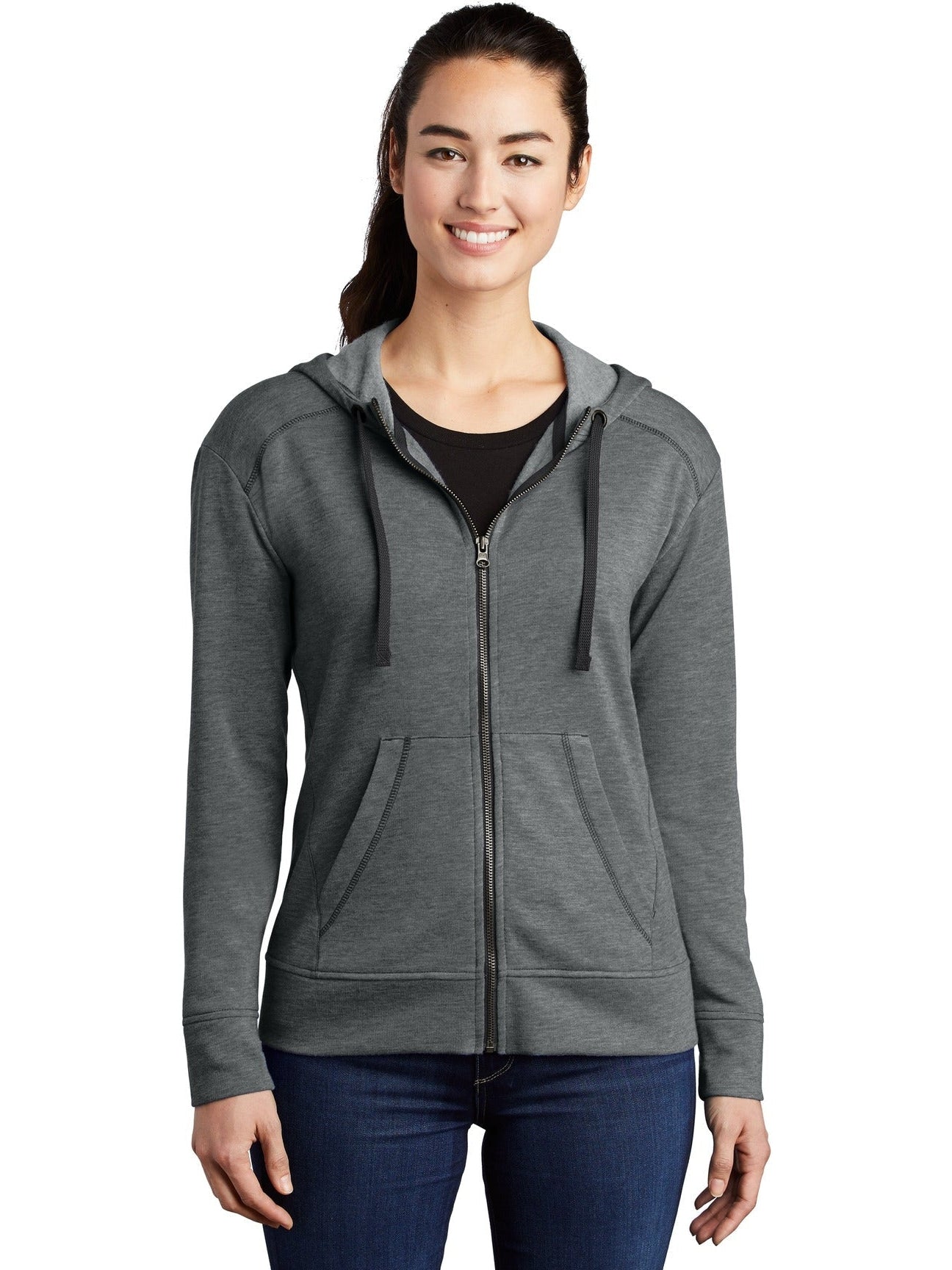 Sport-Tek Ladies Posicharge Tri-Blend Wicking Fleece Full-Zip Hooded Jacket-Regular-Sport-Tek-Dark Grey Heather-S-Thread Logic