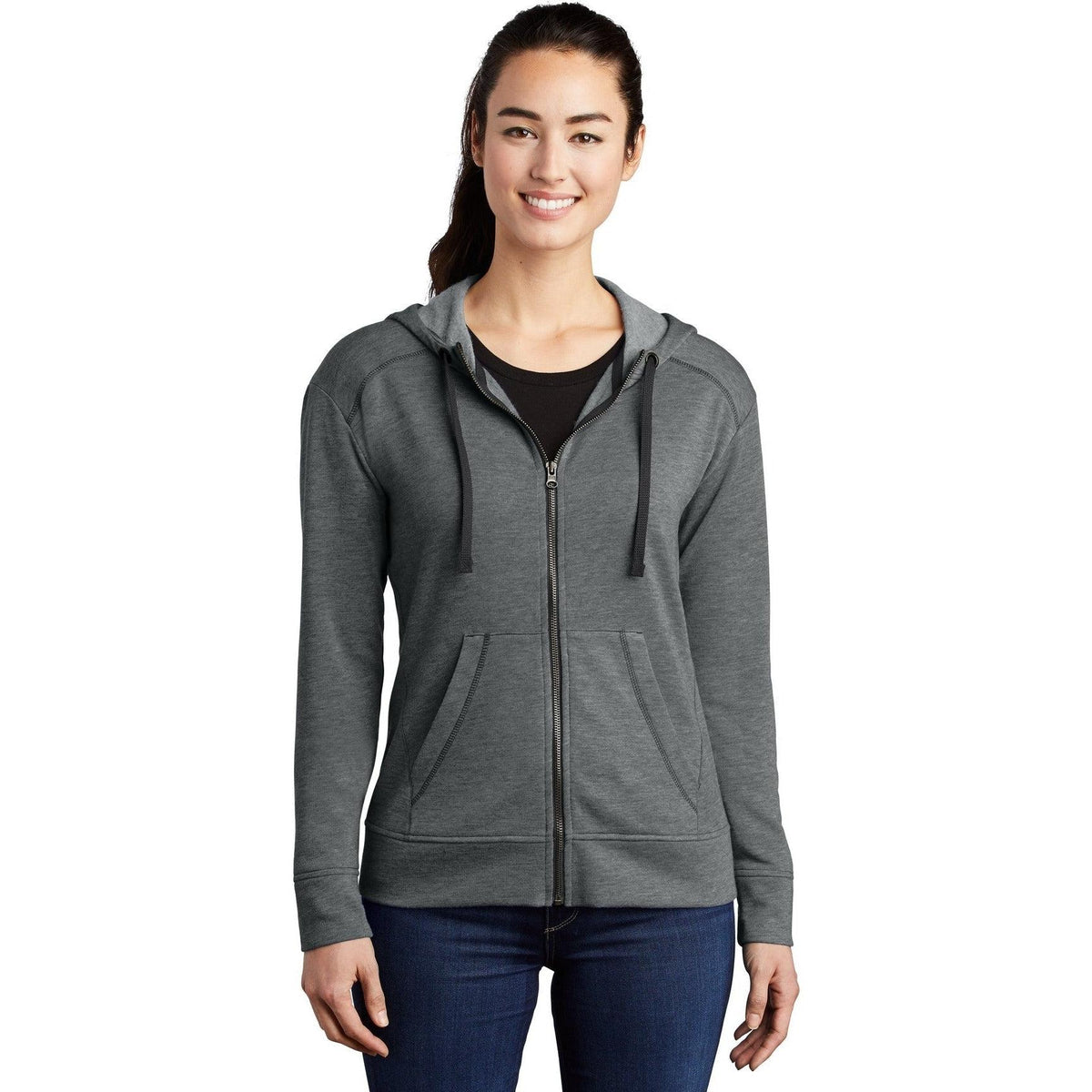 no-logo Sport-Tek Ladies Posicharge Tri-Blend Wicking Fleece Full-Zip Hooded Jacket-Regular-Sport-Tek-Dark Grey Heather-S-Thread Logic