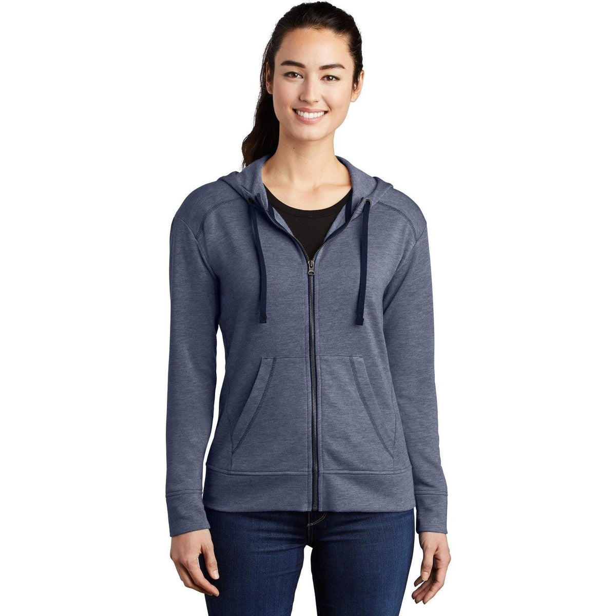 no-logo Sport-Tek Ladies Posicharge Tri-Blend Wicking Fleece Full-Zip Hooded Jacket-Regular-Sport-Tek-True Navy Heather-S-Thread Logic