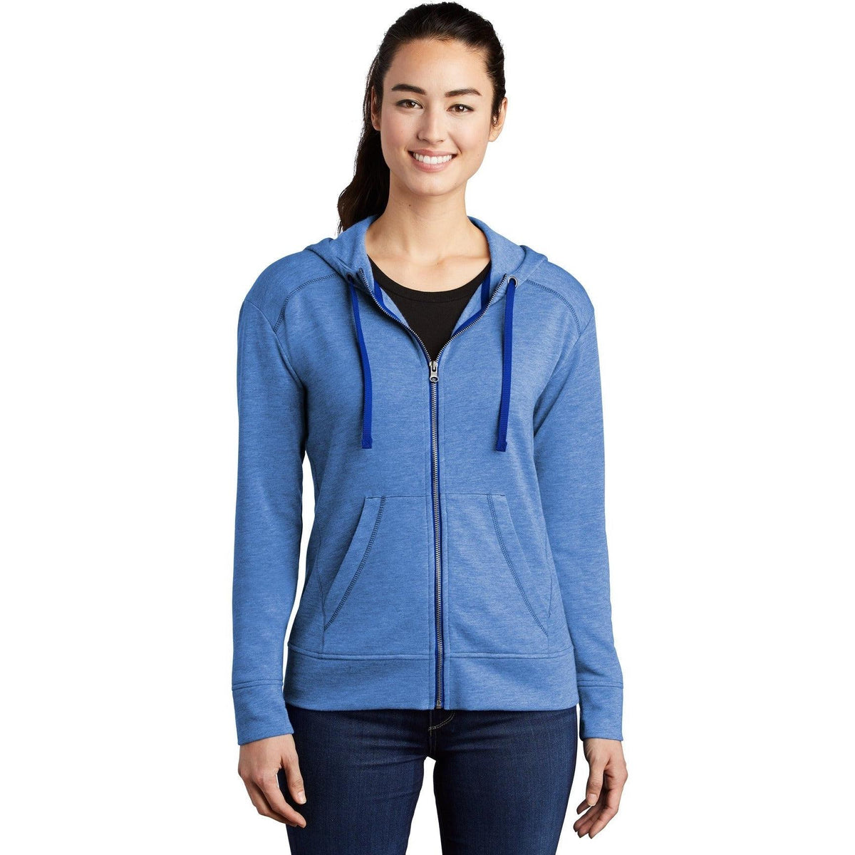 no-logo Sport-Tek Ladies Posicharge Tri-Blend Wicking Fleece Full-Zip Hooded Jacket-Regular-Sport-Tek-True Royal Heather-S-Thread Logic