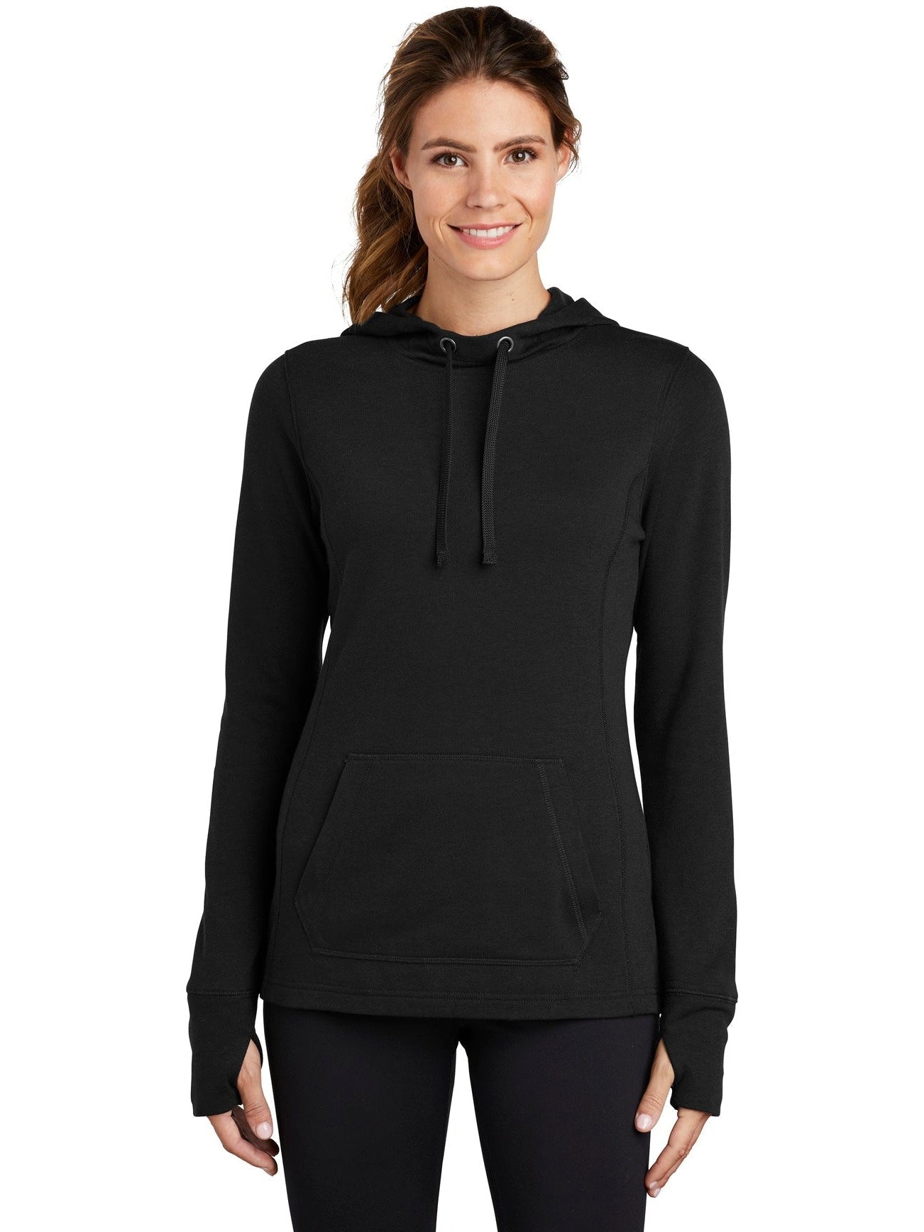 Sport-Tek Ladies Posicharge Tri-Blend Wicking Fleece Hooded Pullover-Regular-Sport-Tek-Black Triad Solid-S-Thread Logic