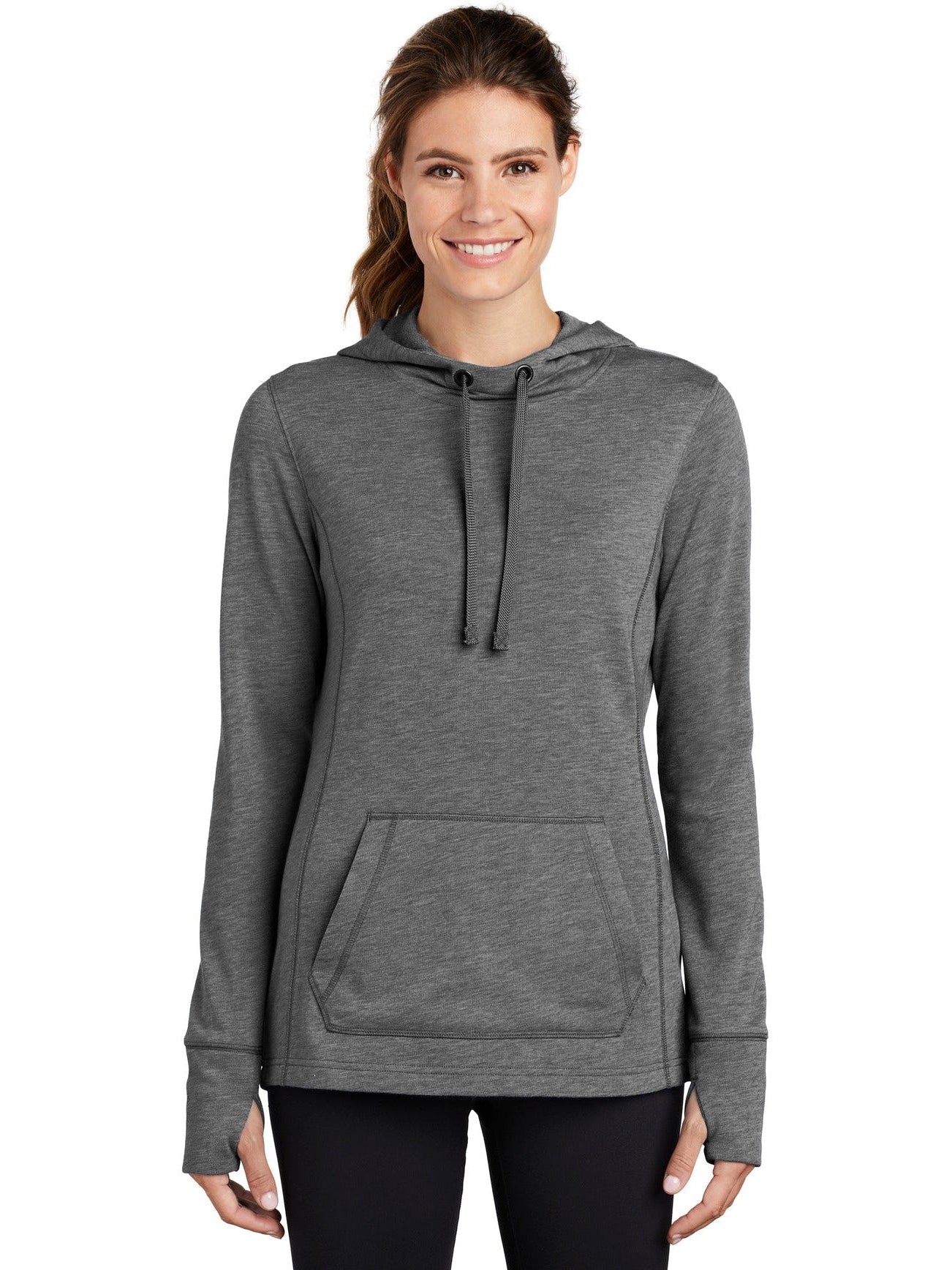 Sport-Tek Ladies Posicharge Tri-Blend Wicking Fleece Hooded Pullover-Regular-Sport-Tek-Dark Grey Heather-S-Thread Logic