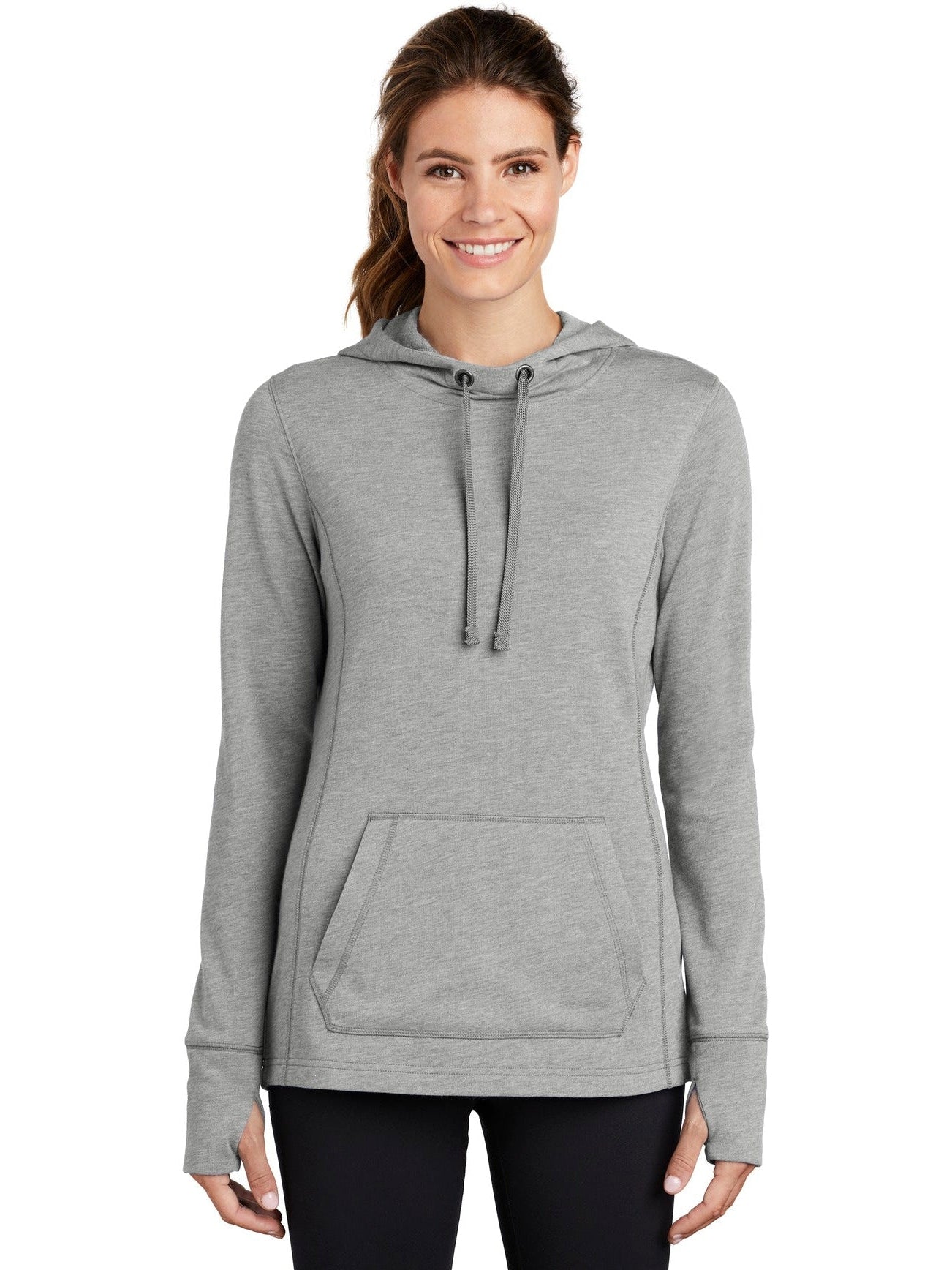 Sport-Tek Ladies Posicharge Tri-Blend Wicking Fleece Hooded Pullover-Regular-Sport-Tek-Light Grey Heather-S-Thread Logic