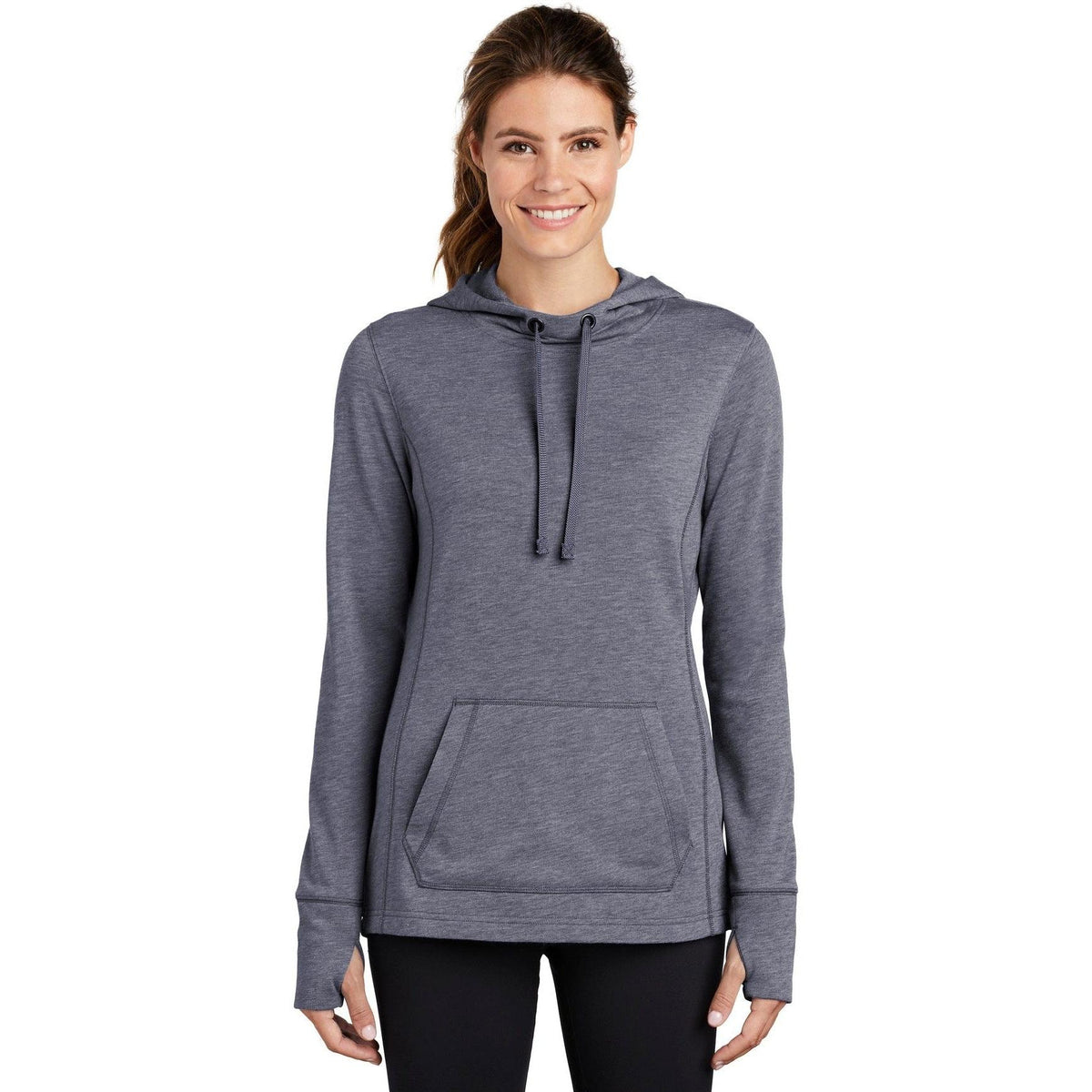 logo-left Sport-Tek Ladies Posicharge Tri-Blend Wicking Fleece Hooded Pullover-Regular-Sport-Tek-True Navy Heather-S-Thread Logic