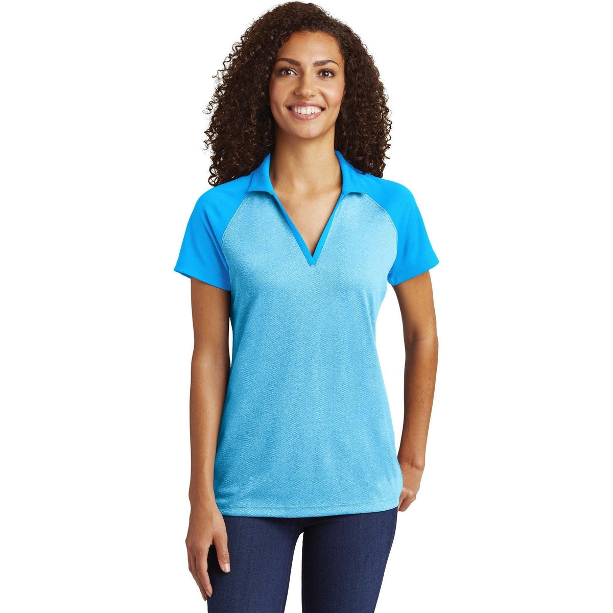 no-logo Sport-Tek Women's Raglan Heather Block Polo-Active-Sport-Tek-Pond Blue Heather/Pond Blue-XS-Thread Logic