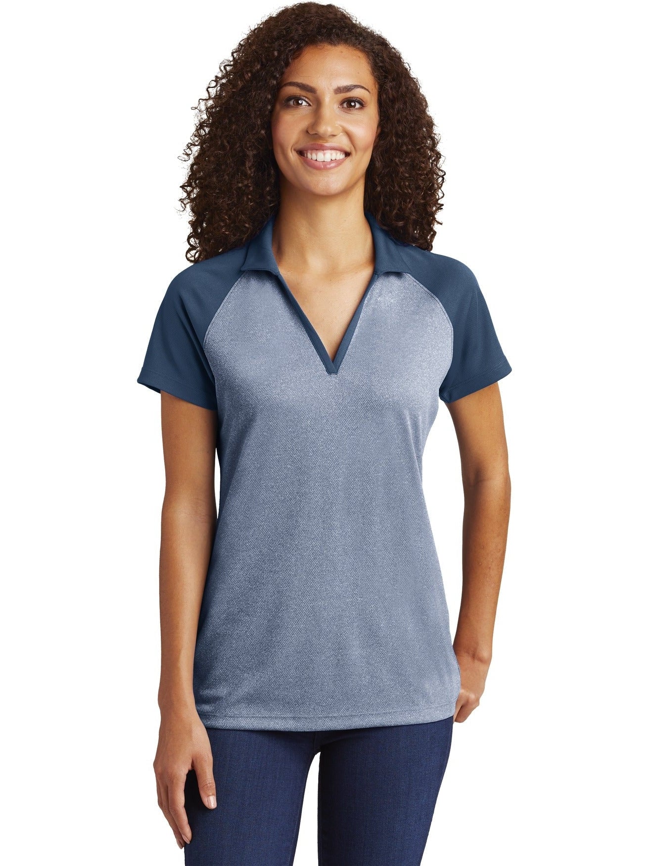 Sport-Tek Ladies Raglan Heather Block Polo-Active-Sport-Tek-True Navy Heather/True Navy-XS-Thread Logic