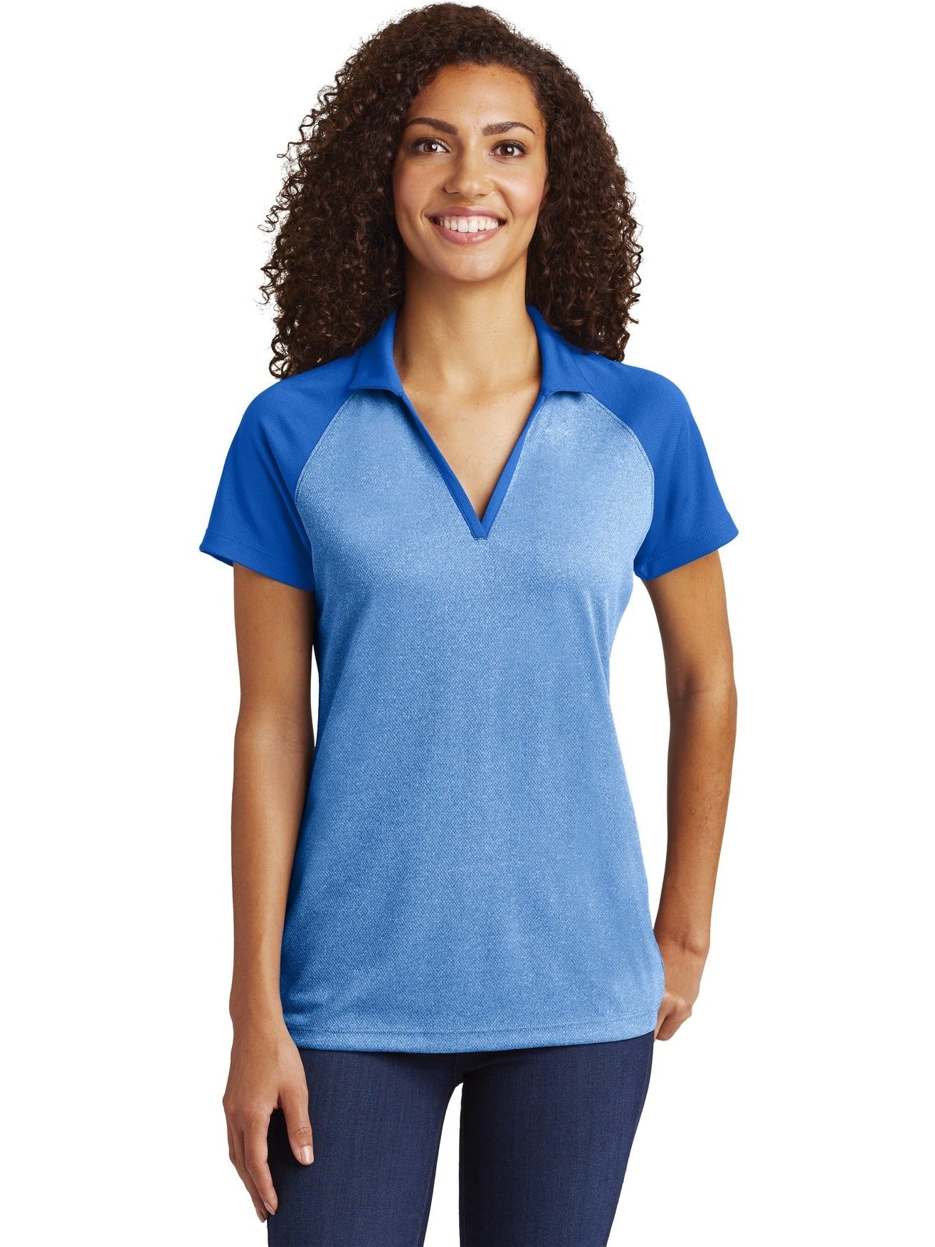 Sport-Tek Ladies Raglan Heather Block Polo-Active-Sport-Tek-True Royal Heather/True Royal-XS-Thread Logic