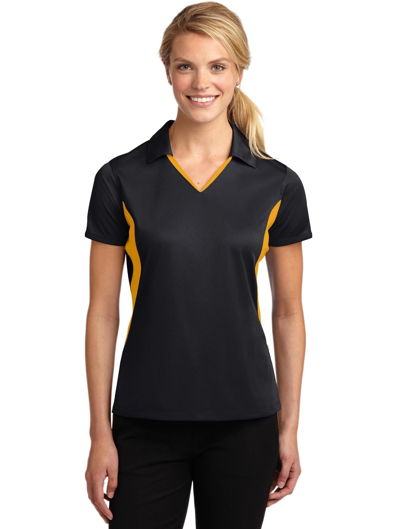 Sport-Tek Ladies Side Blocked Micropique Polo-Regular-Sport-Tek-Black/Gold-XS-Thread Logic
