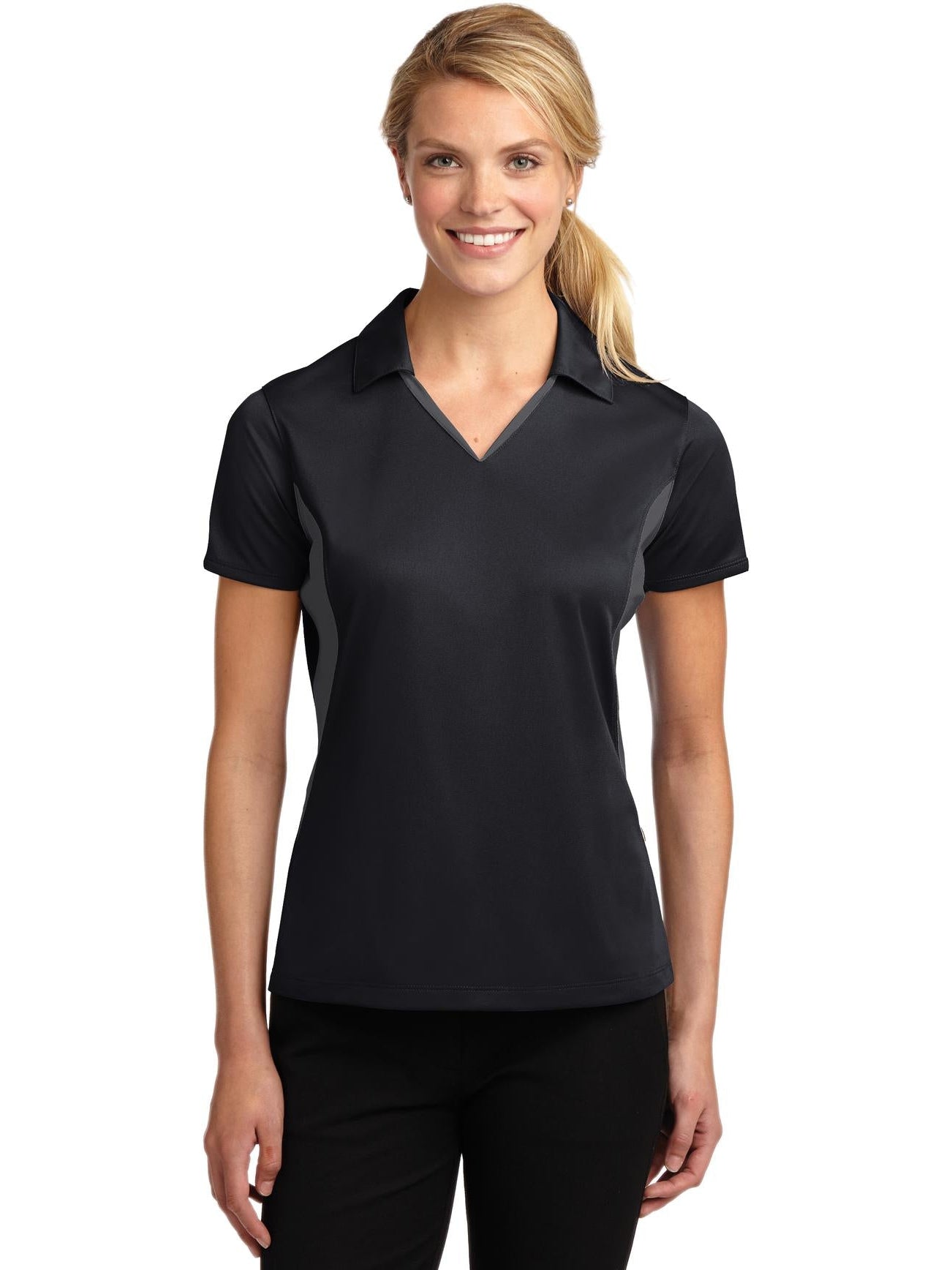Sport-Tek Ladies Side Blocked Micropique Polo-Regular-Sport-Tek-Black/Iron Grey-XS-Thread Logic