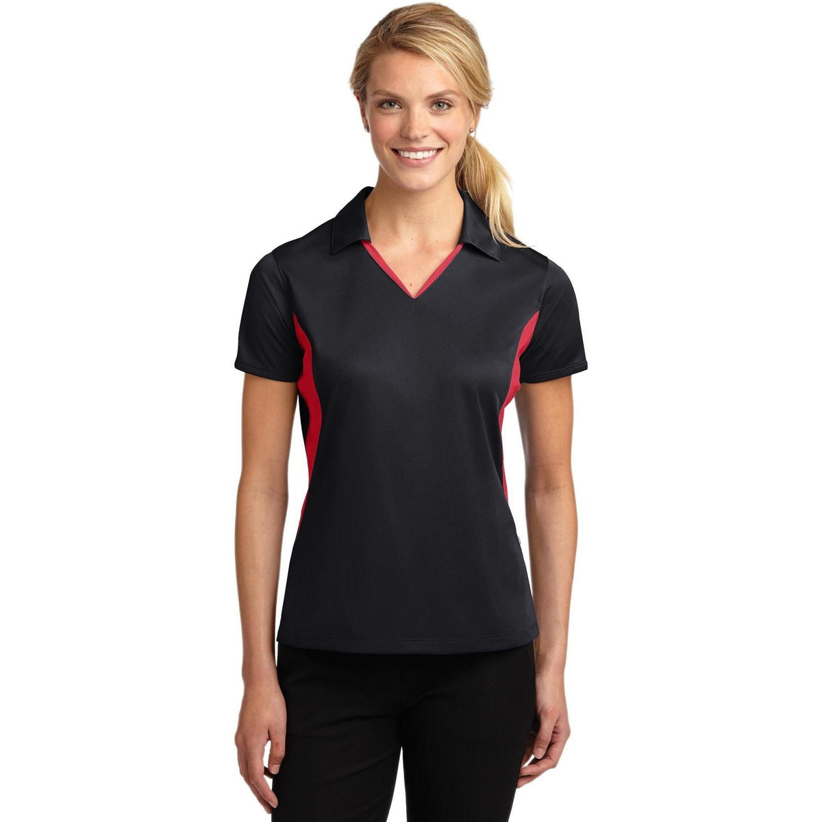 no-logo Sport-Tek Women's Side Blocked Micropique Polo-Regular-Sport-Tek-Black/True Red-XS-Thread Logic