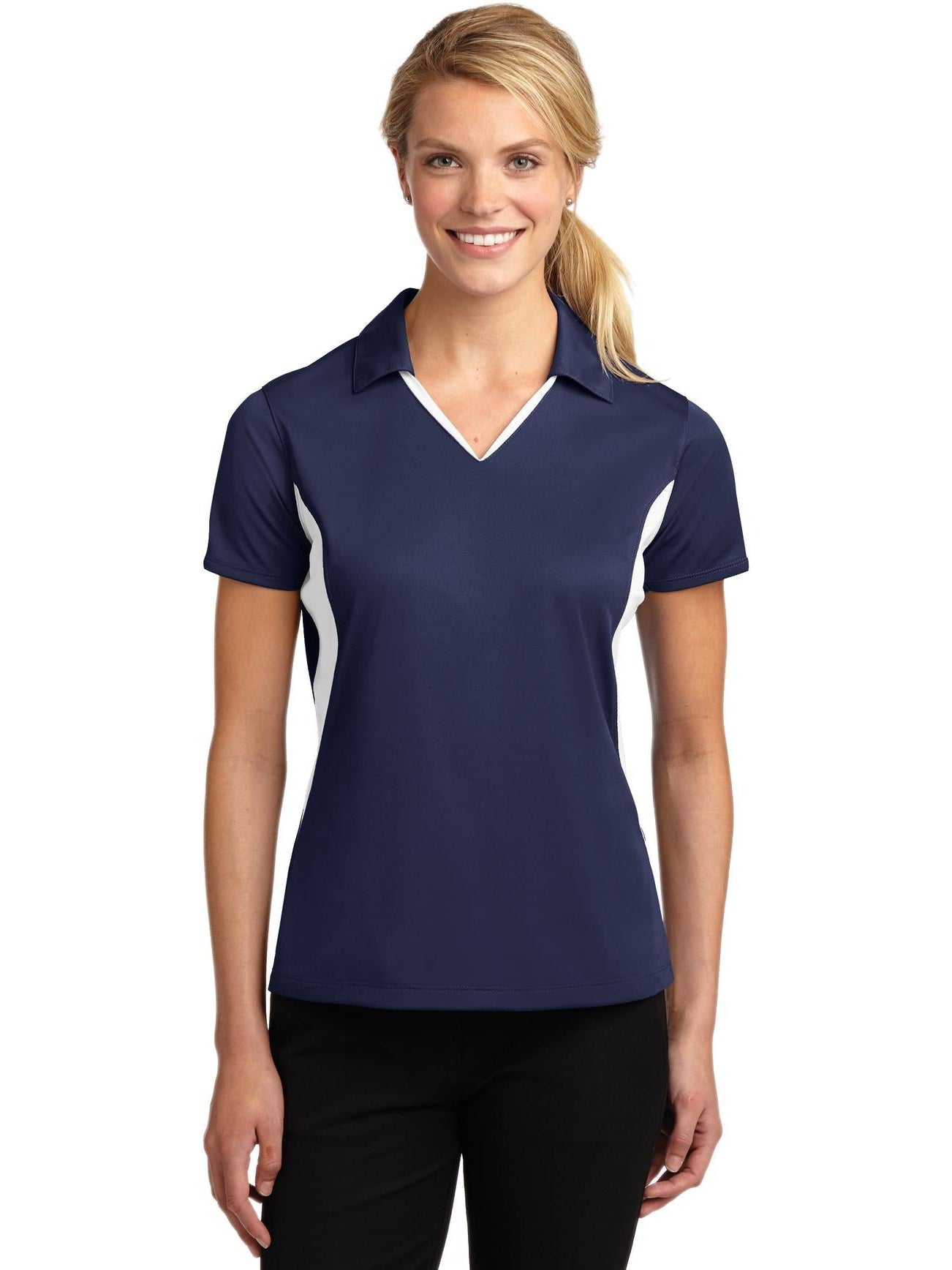 Sport-Tek Ladies Side Blocked Micropique Polo-Regular-Sport-Tek-True Navy/White-XS-Thread Logic