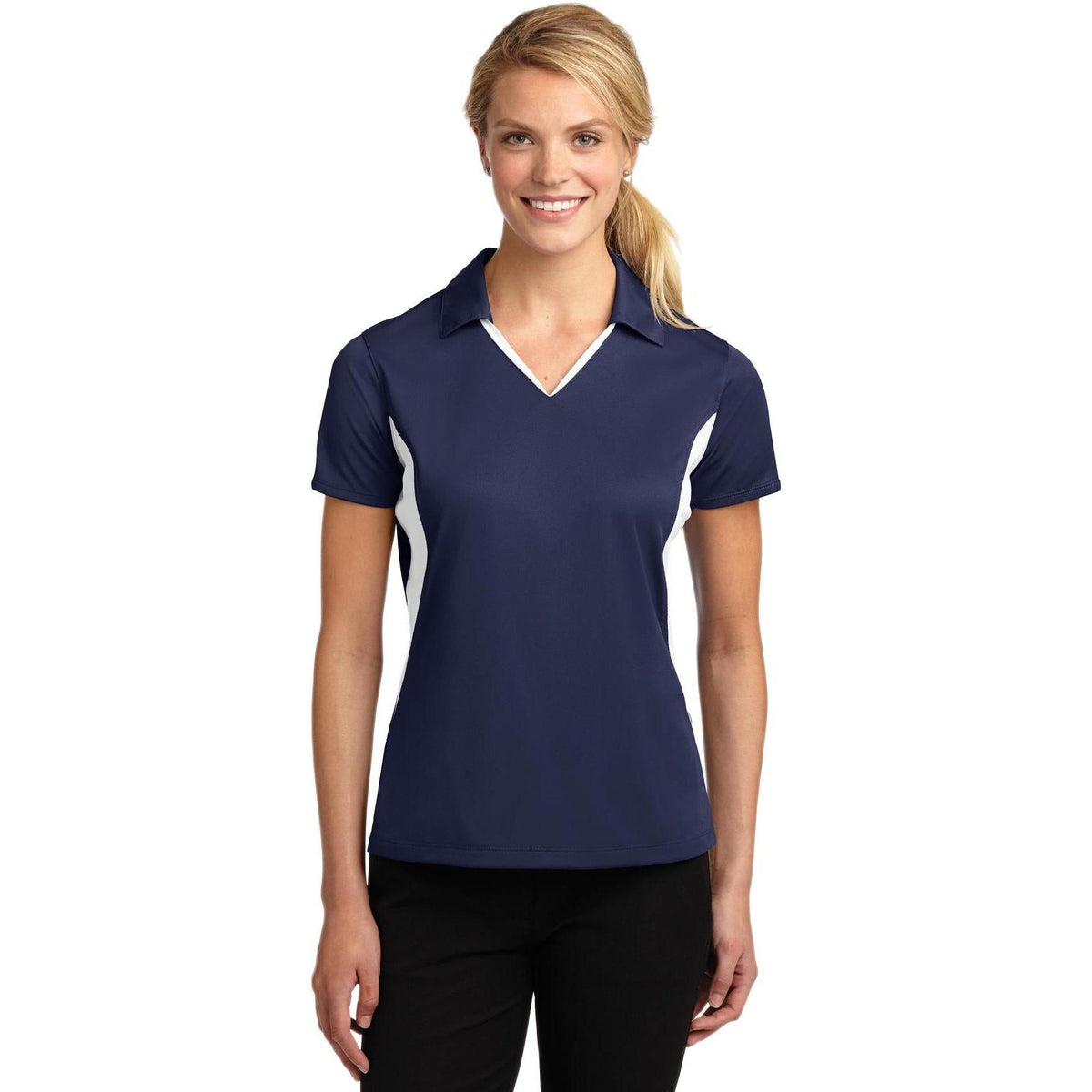 no-logo Sport-Tek Women's Side Blocked Micropique Polo-Regular-Sport-Tek-True Navy/White-XS-Thread Logic