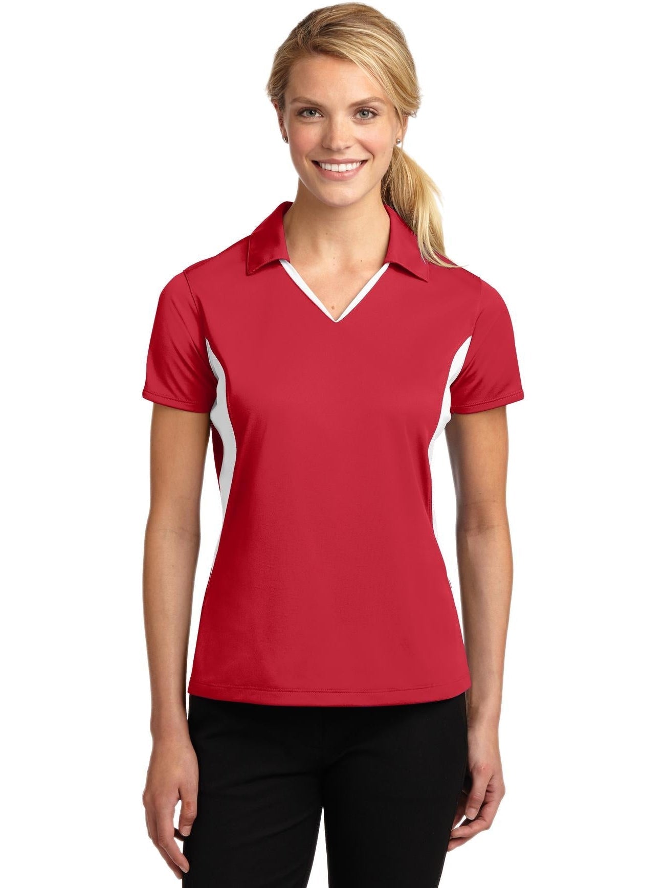 Sport-Tek Ladies Side Blocked Micropique Polo-Regular-Sport-Tek-True Red/White-XS-Thread Logic