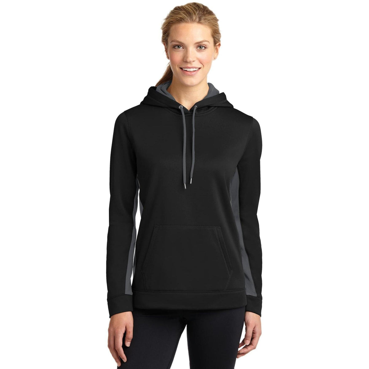 logo-left Sport-Tek Women's Sport-Wick Fleece Colorblock Hooded-Hoodies-Sport-Tek-Black/Dark Smoke Grey-XS-Thread Logic