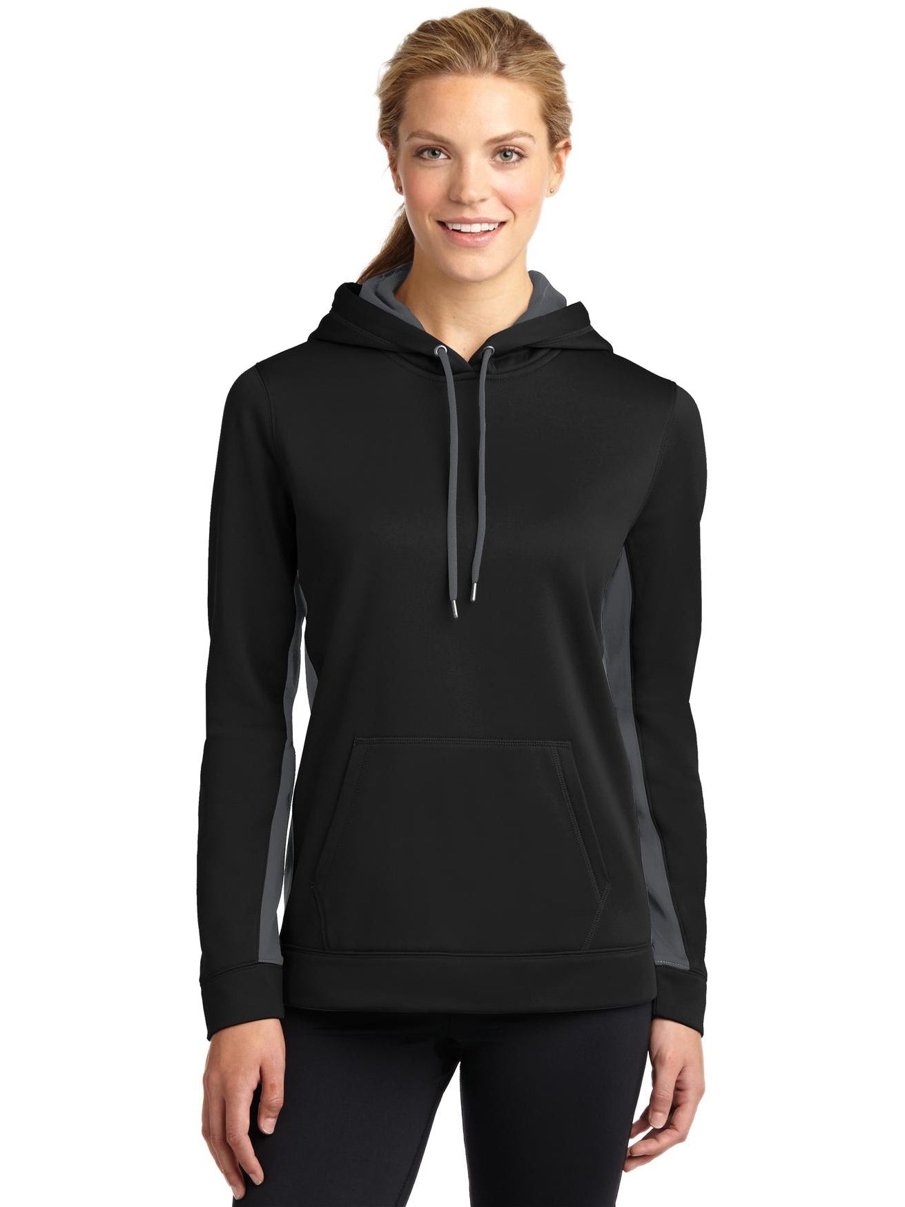 No-Logo CLOSEOUT - Sport-Tek Ladies Sport-Wick Fleece Colorblock Hooded-Hoodies-Sport-Tek-Black/Dark Smoke Grey-XS-Thread Logic