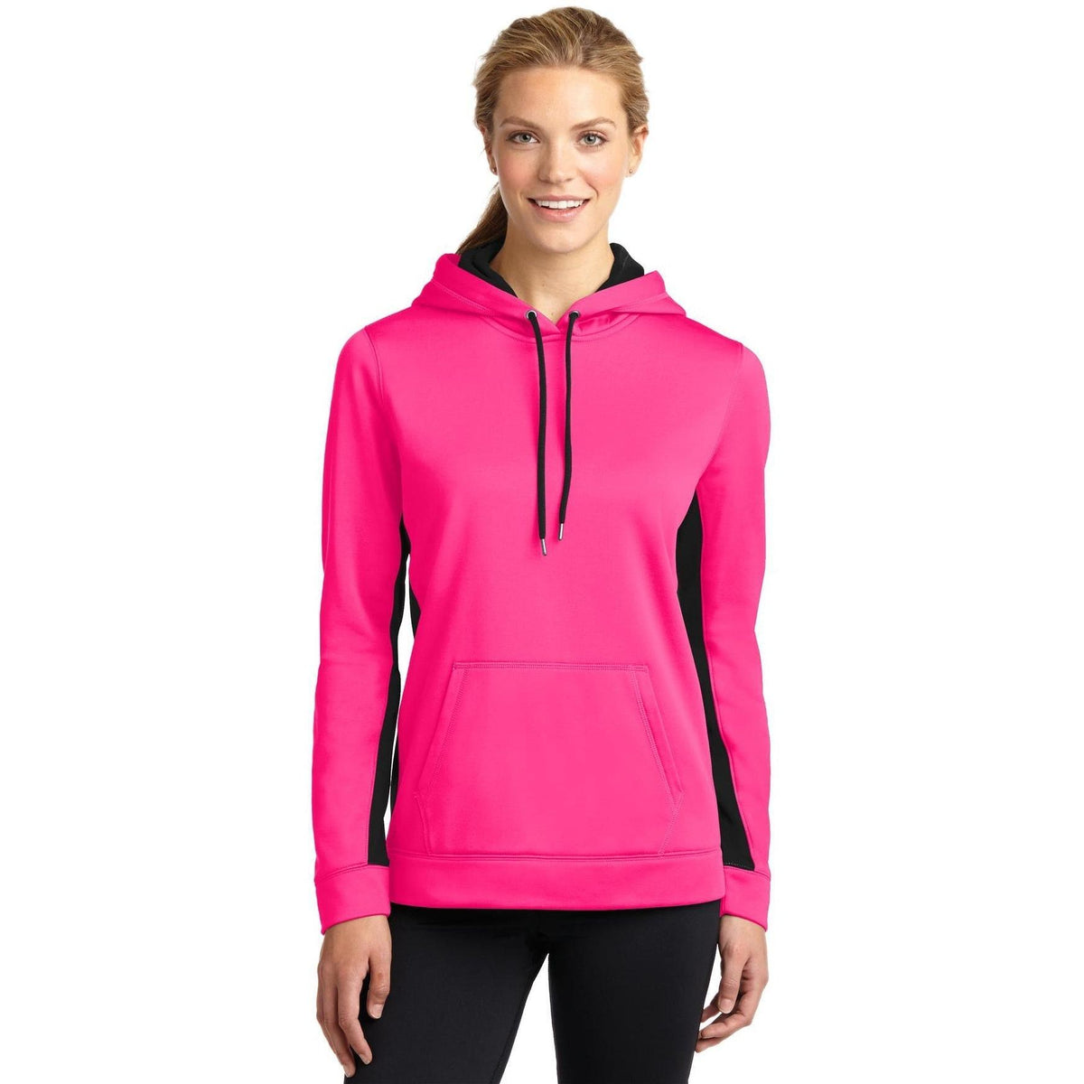 logo-left Sport-Tek Women's Sport-Wick Fleece Colorblock Hooded-Hoodies-Sport-Tek-Neon Pink/Black-XS-Thread Logic