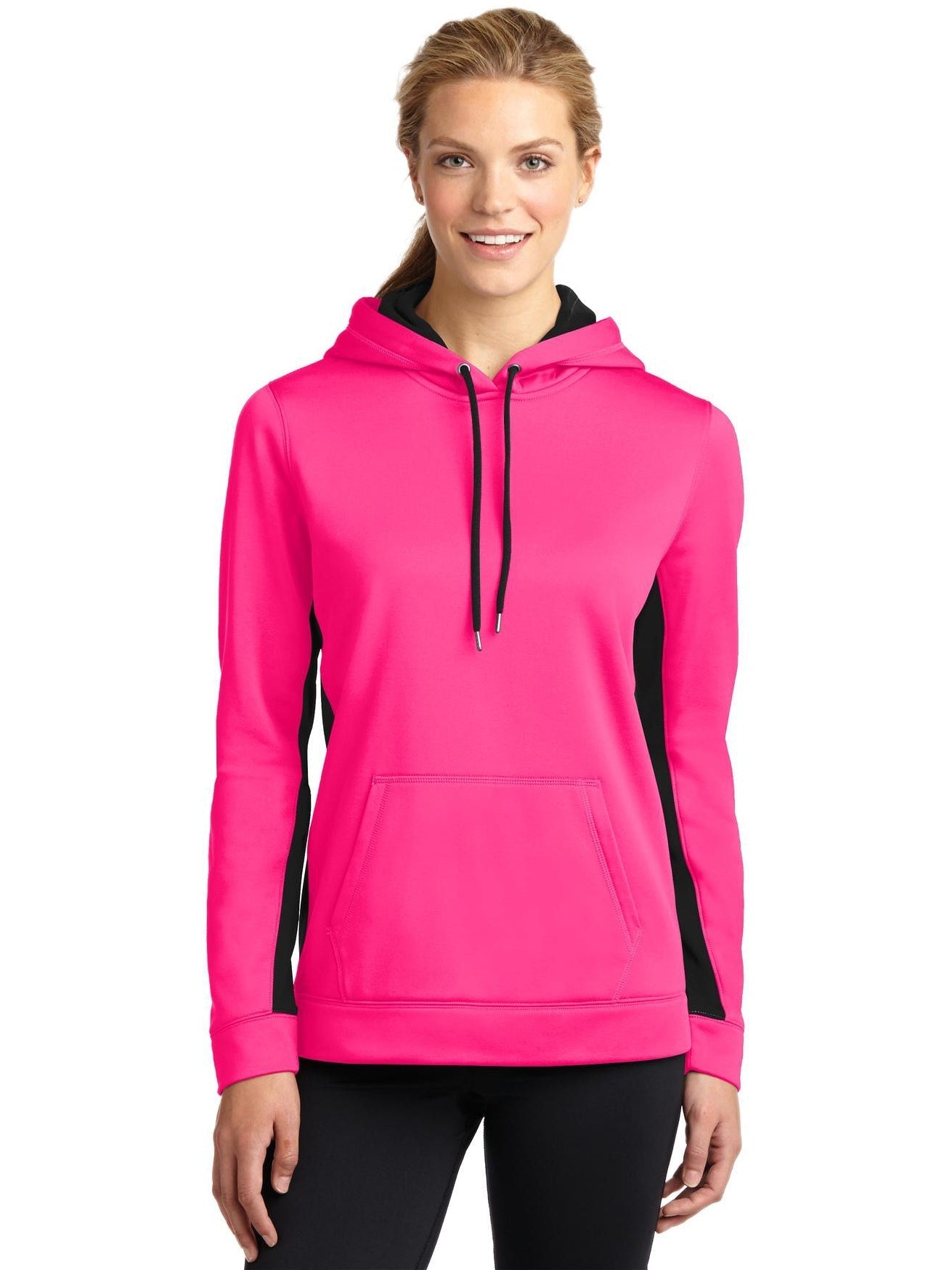 No-Logo CLOSEOUT - Sport-Tek Ladies Sport-Wick Fleece Colorblock Hooded-Hoodies-Sport-Tek-Neon Pink/Black-XS-Thread Logic