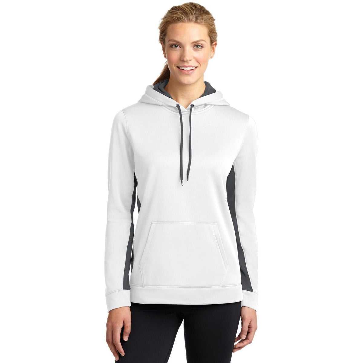 logo-left Sport-Tek Women's Sport-Wick Fleece Colorblock Hooded-Hoodies-Sport-Tek-White/Dark Smoke Grey-XS-Thread Logic