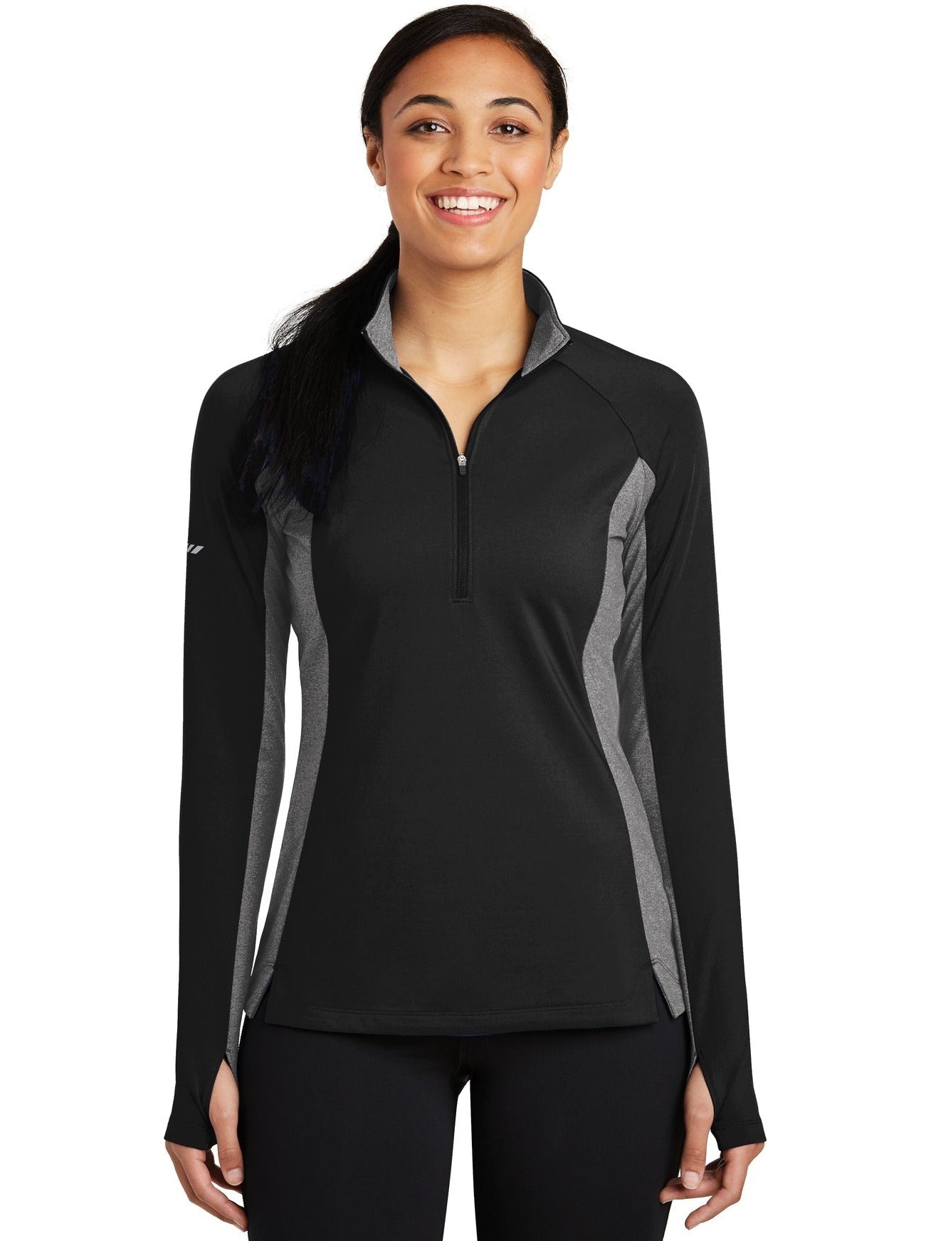 Sport-Tek Ladies Sport-Wick Stretch Contrast 1/2-Zip Pullover-Regular-Sport-Tek-Black/Charcoal Grey Heather-S-Thread Logic
