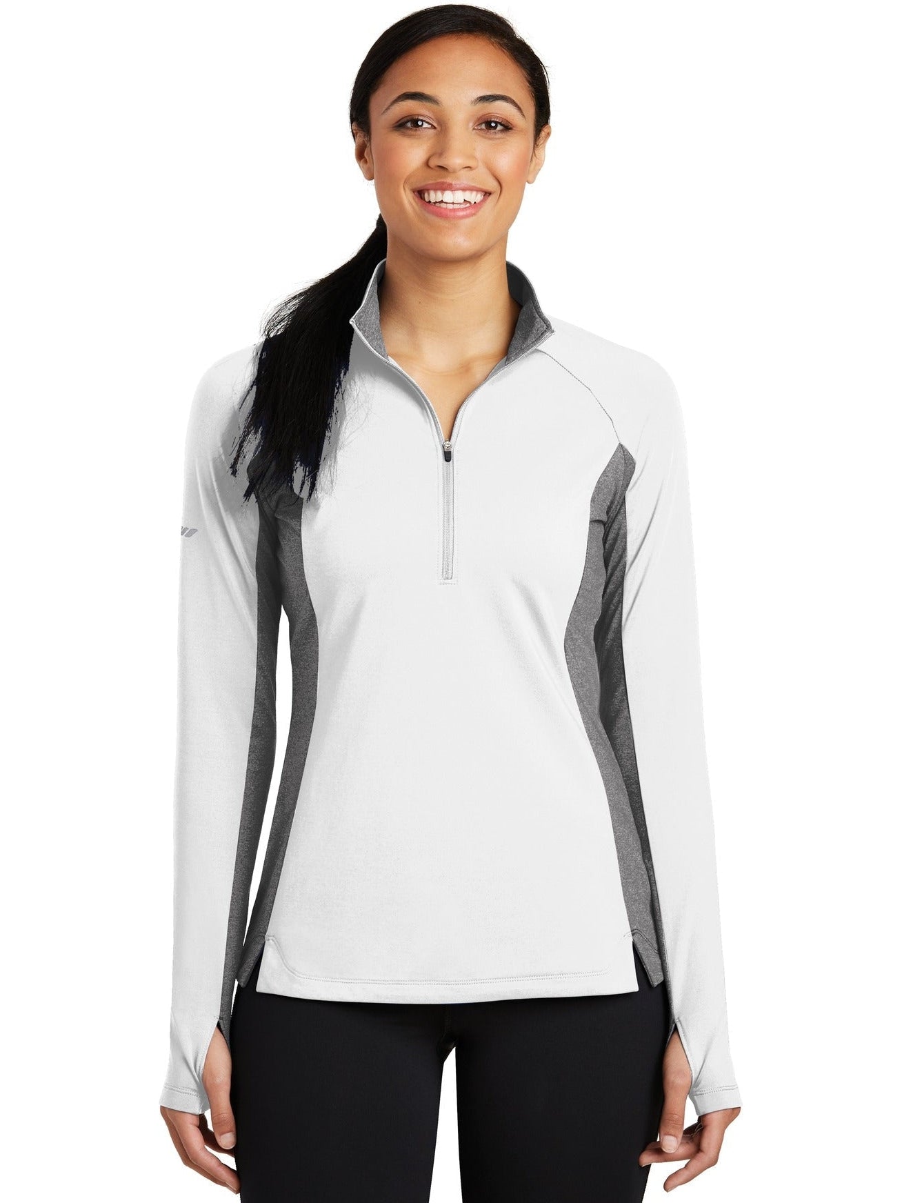 Sport-Tek Ladies Sport-Wick Stretch Contrast 1/2-Zip Pullover-Regular-Sport-Tek-White/Charcoal Grey Heather-S-Thread Logic