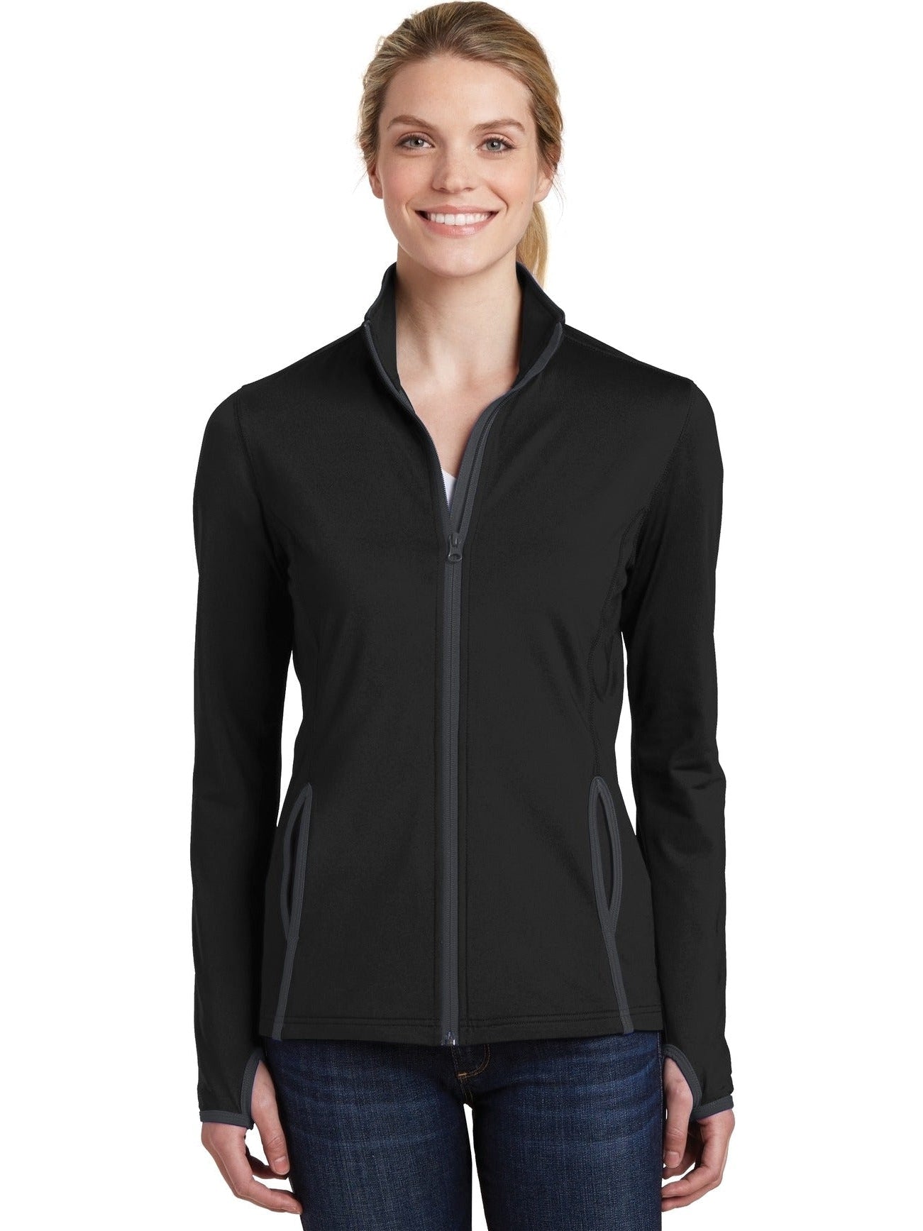 Sport-Tek Ladies Sport-Wick Stretch Contrast Full-Zip Jacket-Regular-Sport-Tek-Black/Charcoal Grey-S-Thread Logic