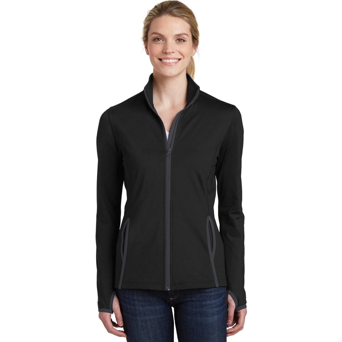 logo-left Sport-Tek Ladies Sport-Wick Stretch Contrast Full-Zip Jacket-Regular-Sport-Tek-Black/Charcoal Grey-S-Thread Logic