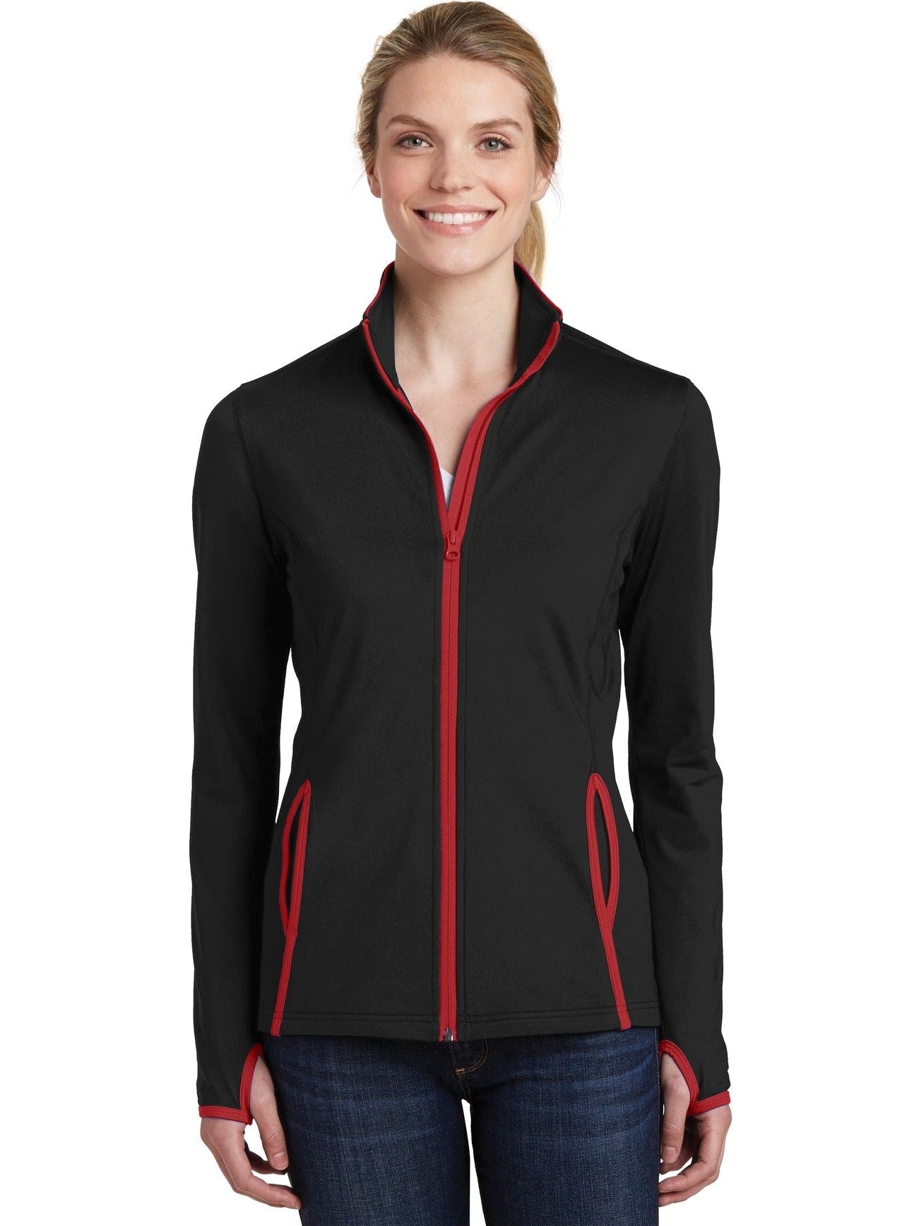 Sport-Tek Ladies Sport-Wick Stretch Contrast Full-Zip Jacket-Regular-Sport-Tek-Black/True Red-S-Thread Logic