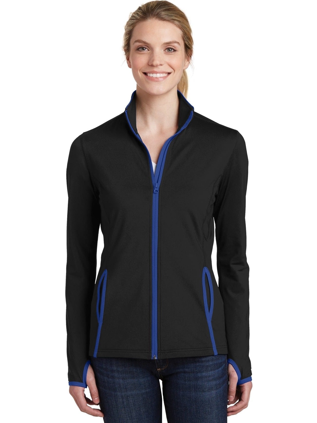Sport-Tek Ladies Sport-Wick Stretch Contrast Full-Zip Jacket-Regular-Sport-Tek-Black/True Royal-S-Thread Logic