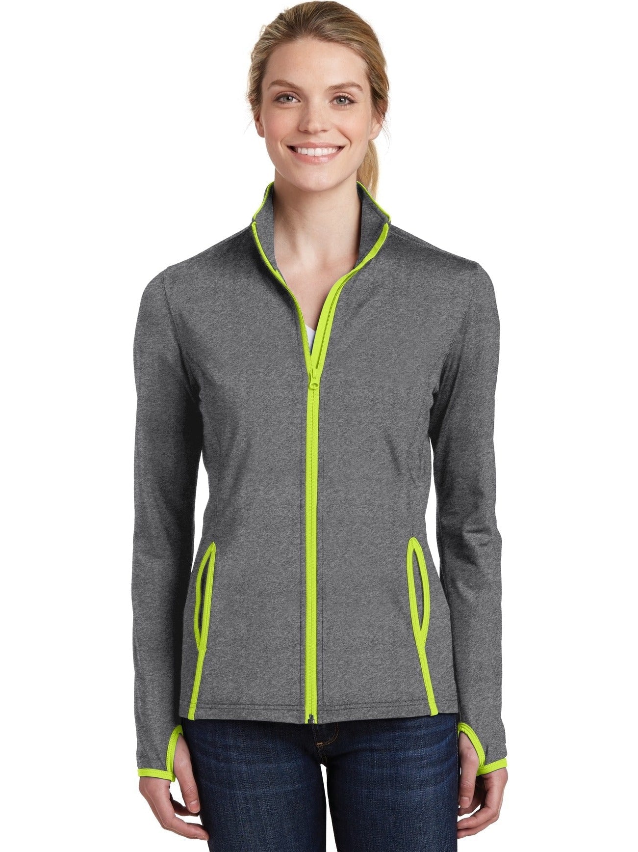 Sport-Tek Ladies Sport-Wick Stretch Contrast Full-Zip Jacket-Regular-Sport-Tek-Charcoal Grey Heather/Charge Green-S-Thread Logic