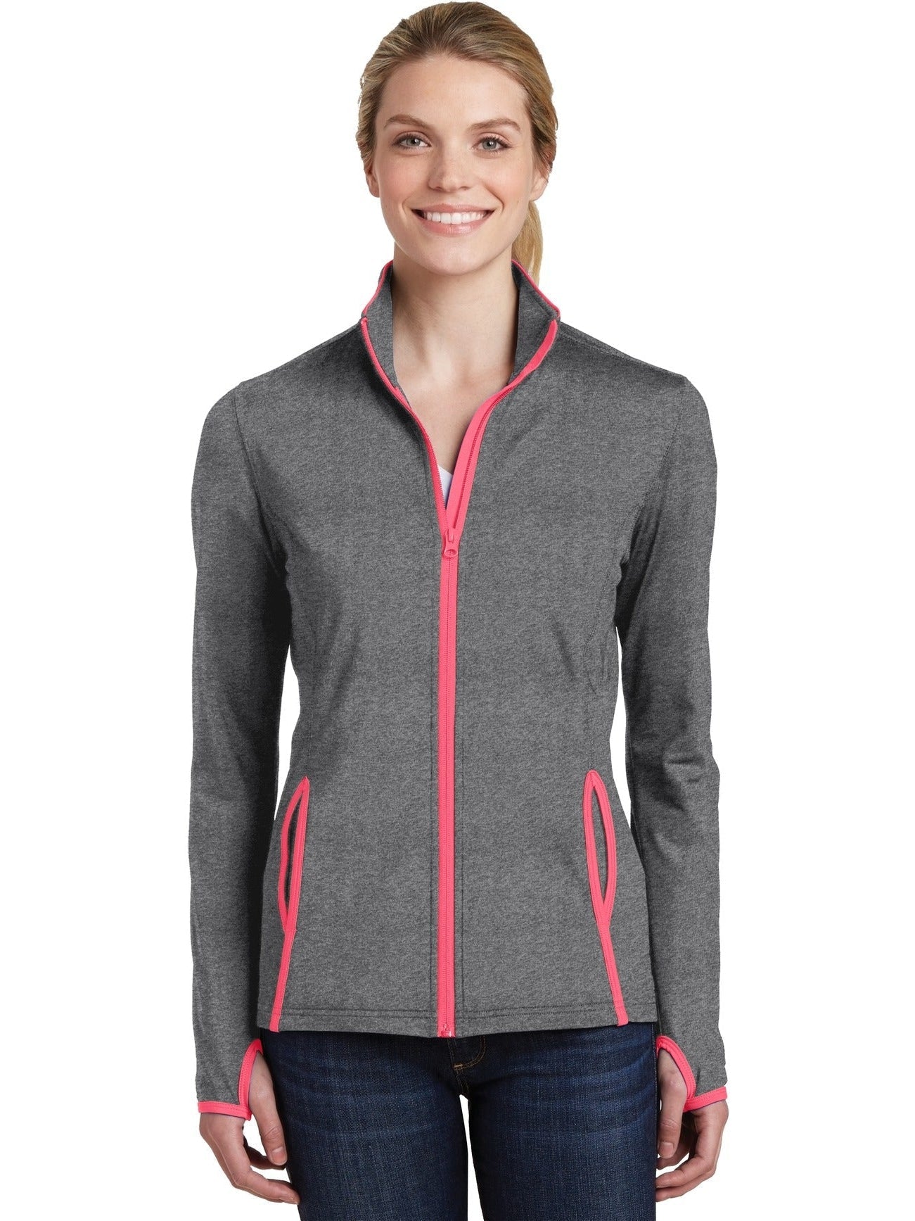 Sport-Tek Ladies Sport-Wick Stretch Contrast Full-Zip Jacket-Regular-Sport-Tek-Charcoal Grey Heather/Hot Coral-S-Thread Logic