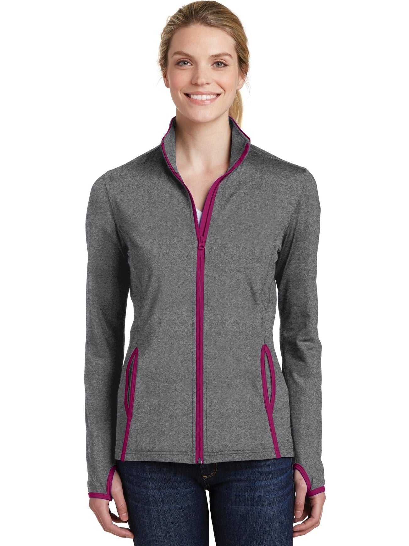 Sport-Tek Ladies Sport-Wick Stretch Contrast Full-Zip Jacket-Regular-Sport-Tek-Charcoal Grey Heather/Pink Rush-S-Thread Logic