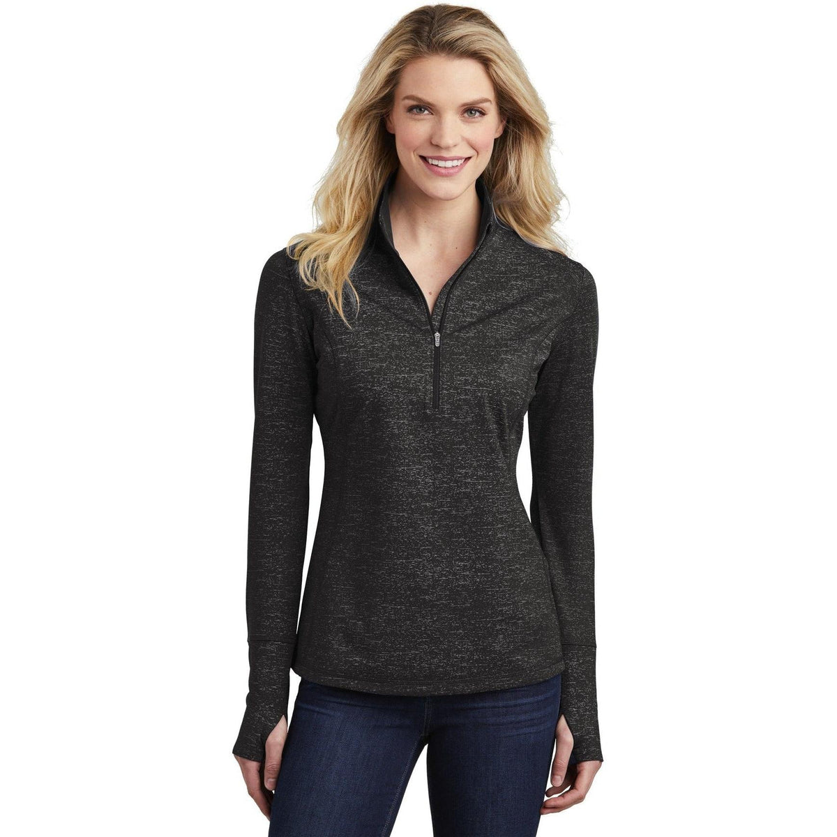 logo-left Sport-Tek Ladies Sport-Wick Stretch Reflective Heather 1/2-Zip Pullover-Regular-Sport-Tek-Black-S-Thread Logic