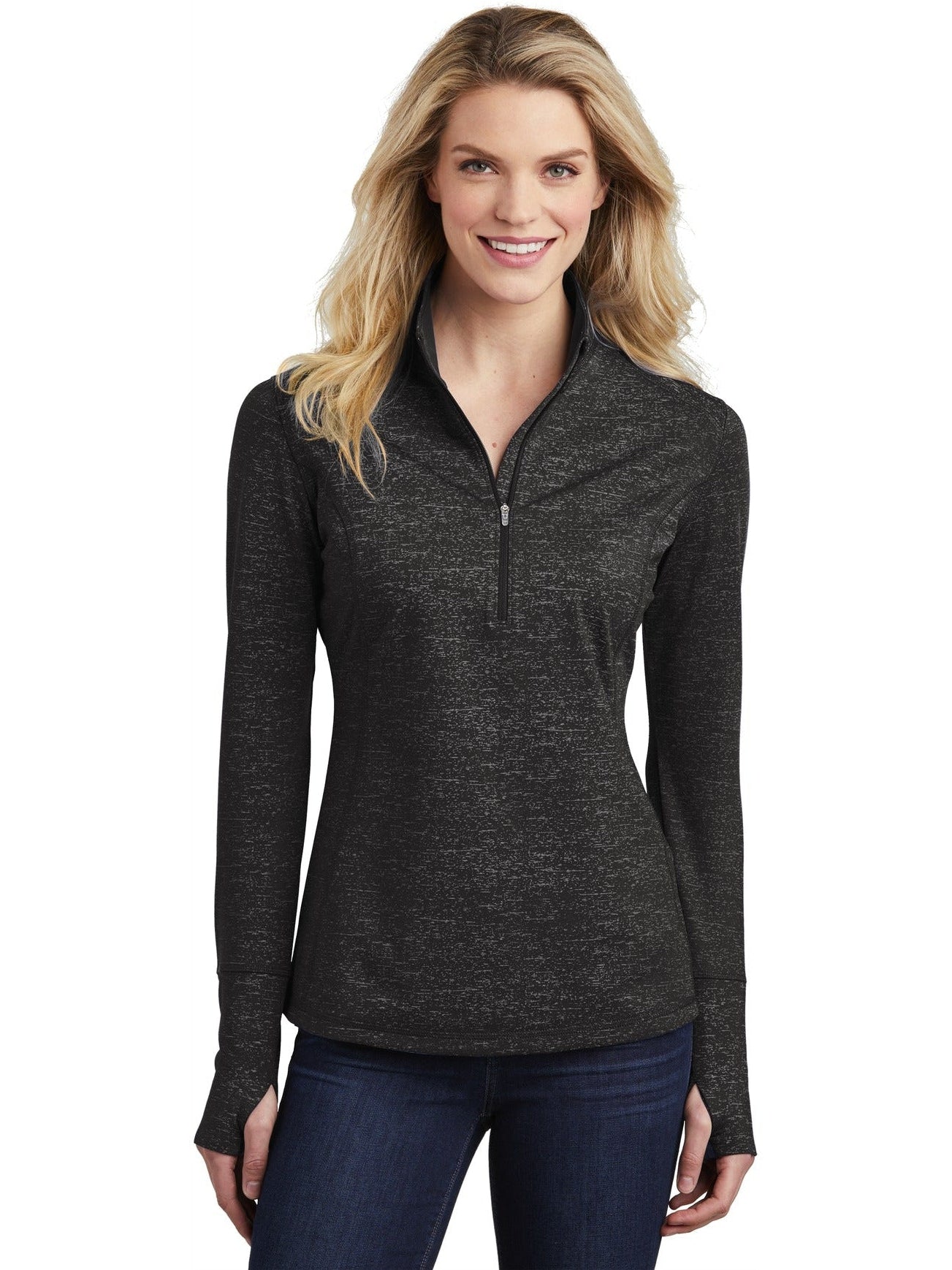 No-Logo CLOSEOUT - Sport-Tek Ladies Sport-Wick Stretch Reflective Heather 1/2-Zip Pullover-Quarter Zips-Sport-Tek-Black-S-Thread Logic