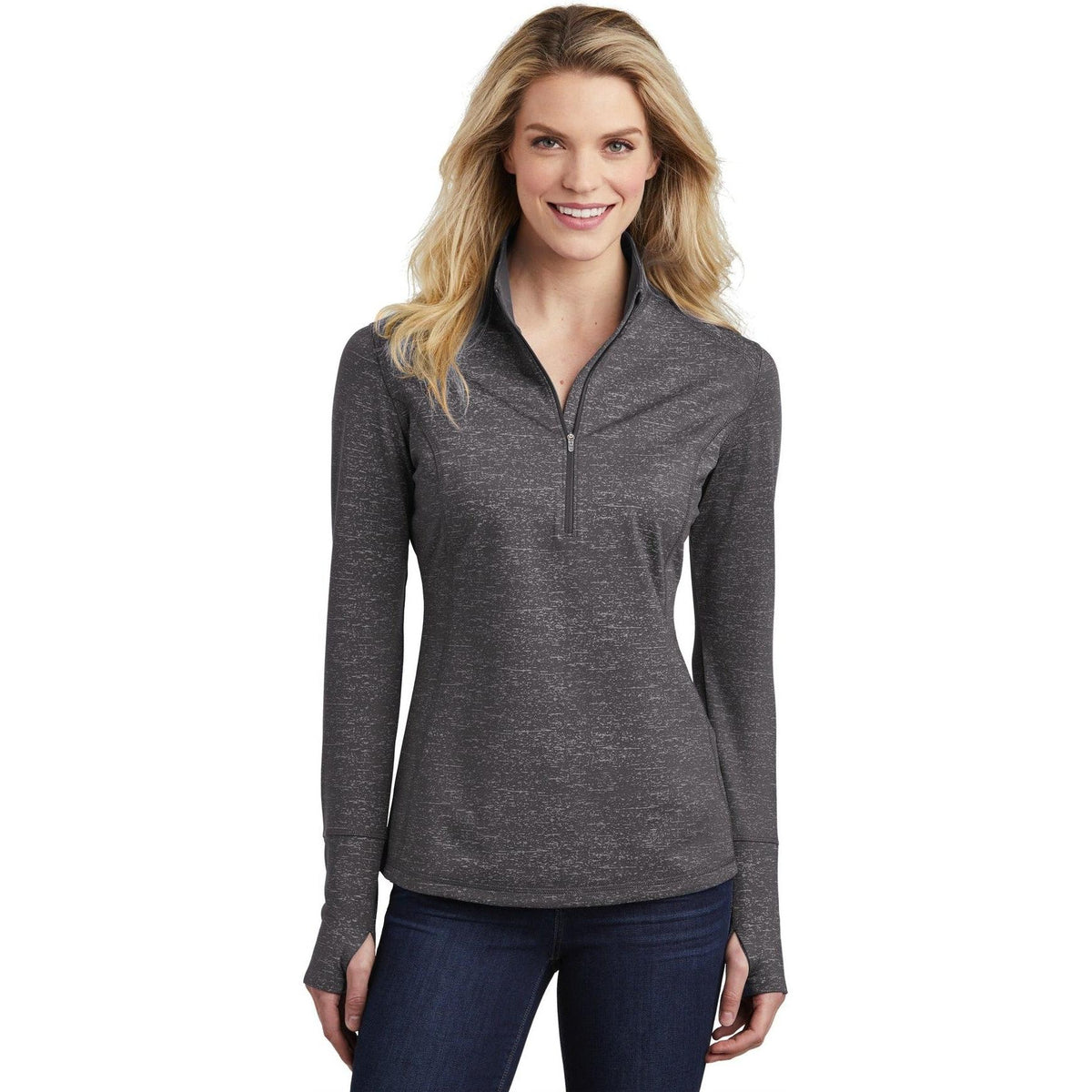 logo-left Sport-Tek Ladies Sport-Wick Stretch Reflective Heather 1/2-Zip Pullover-Regular-Sport-Tek-Charcoal Grey-S-Thread Logic