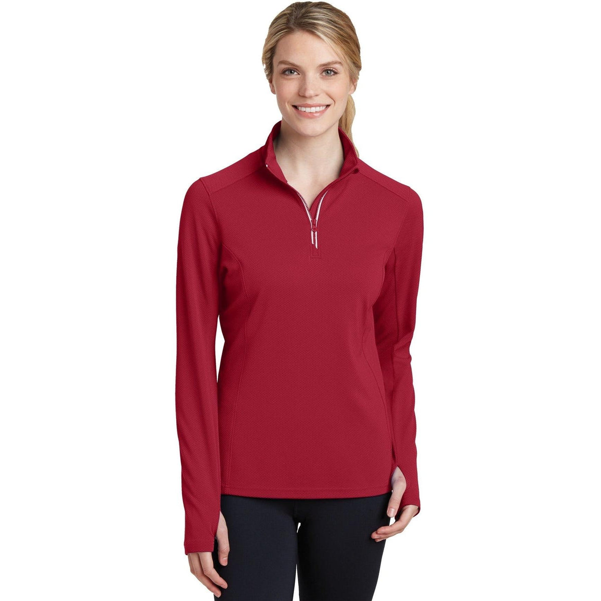 no-logo Sport-Tek Ladies Sport-Wick Textured 1/4-Zip Pullover-Regular-Sport-Tek-Deep Red-S-Thread Logic