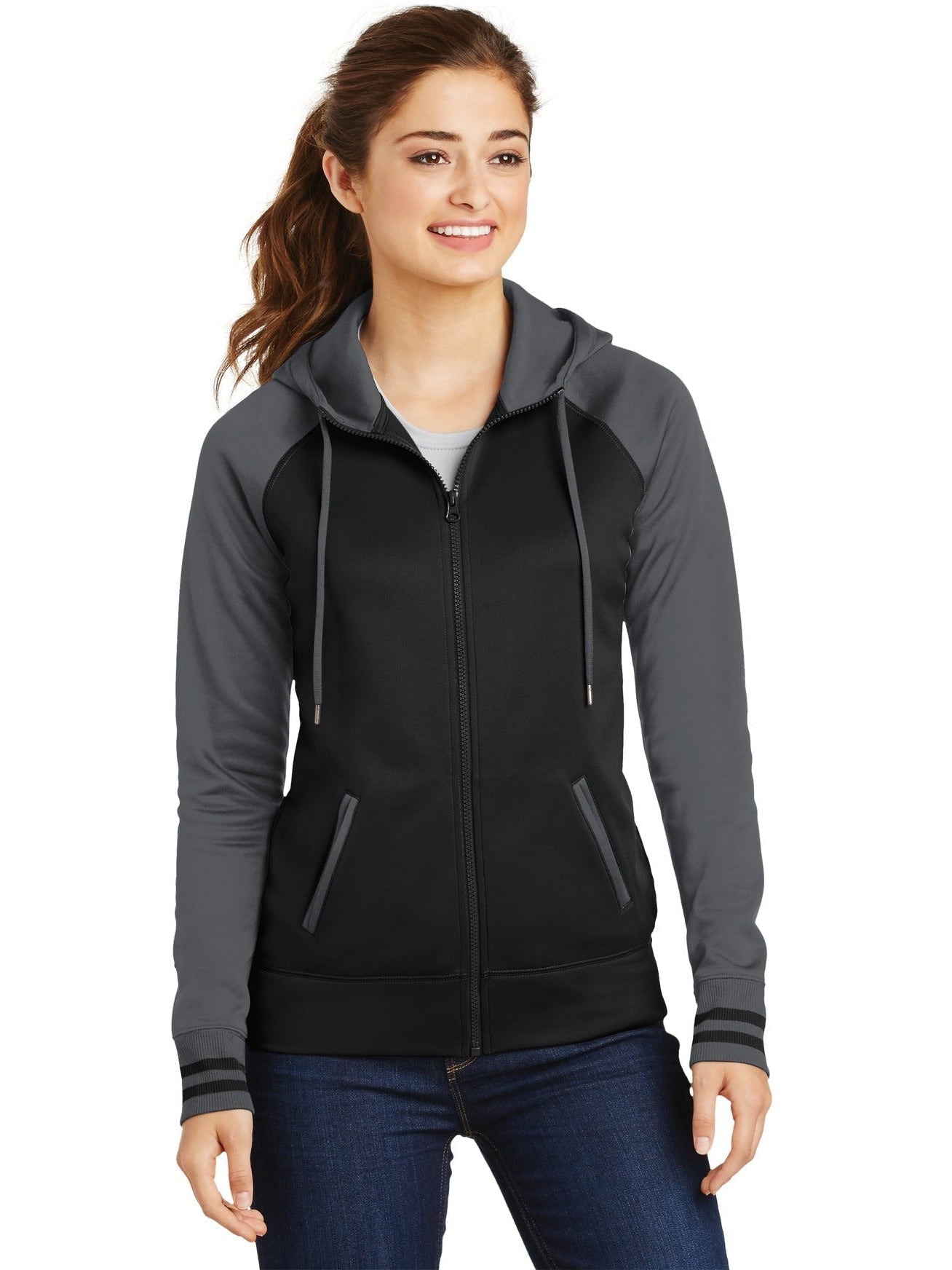 Sport-Tek Ladies Sport-Wick Varsity Fleece Full-Zip Hooded Jacket-Regular-Sport-Tek-Black/Dark Smoke Grey-S-Thread Logic