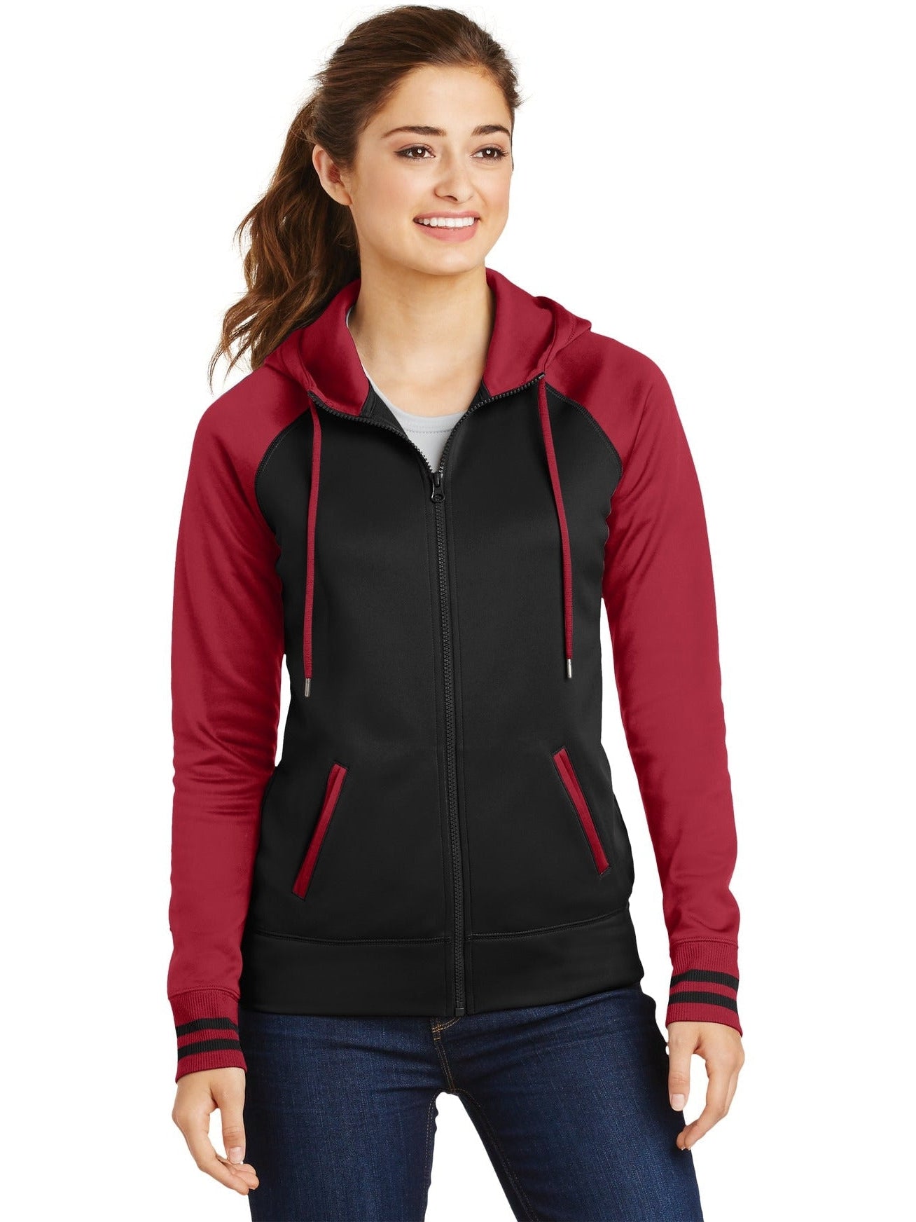 Sport-Tek Ladies Sport-Wick Varsity Fleece Full-Zip Hooded Jacket-Regular-Sport-Tek-Black/Deep Red-S-Thread Logic