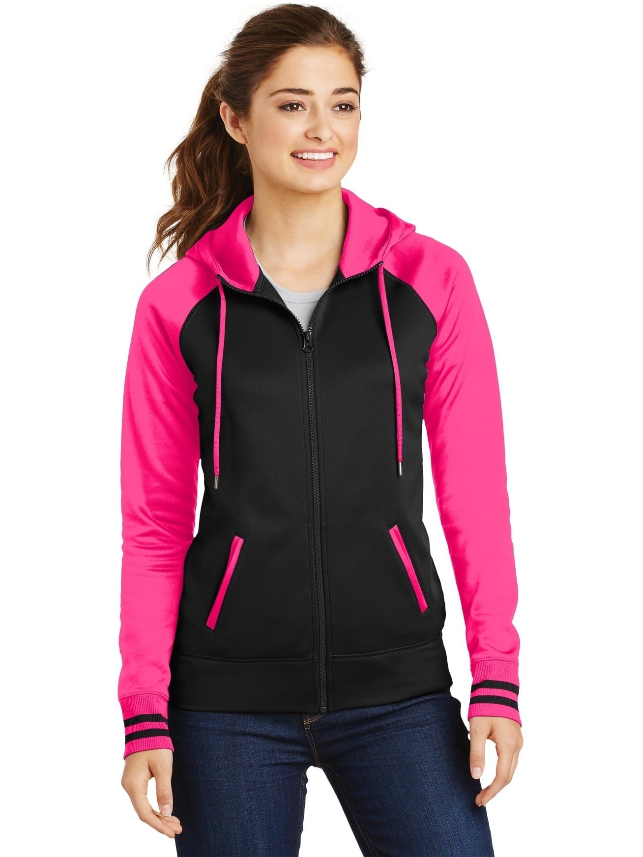 Sport-Tek Ladies Sport-Wick Varsity Fleece Full-Zip Hooded Jacket-Regular-Sport-Tek-Black/Neon Pink-S-Thread Logic