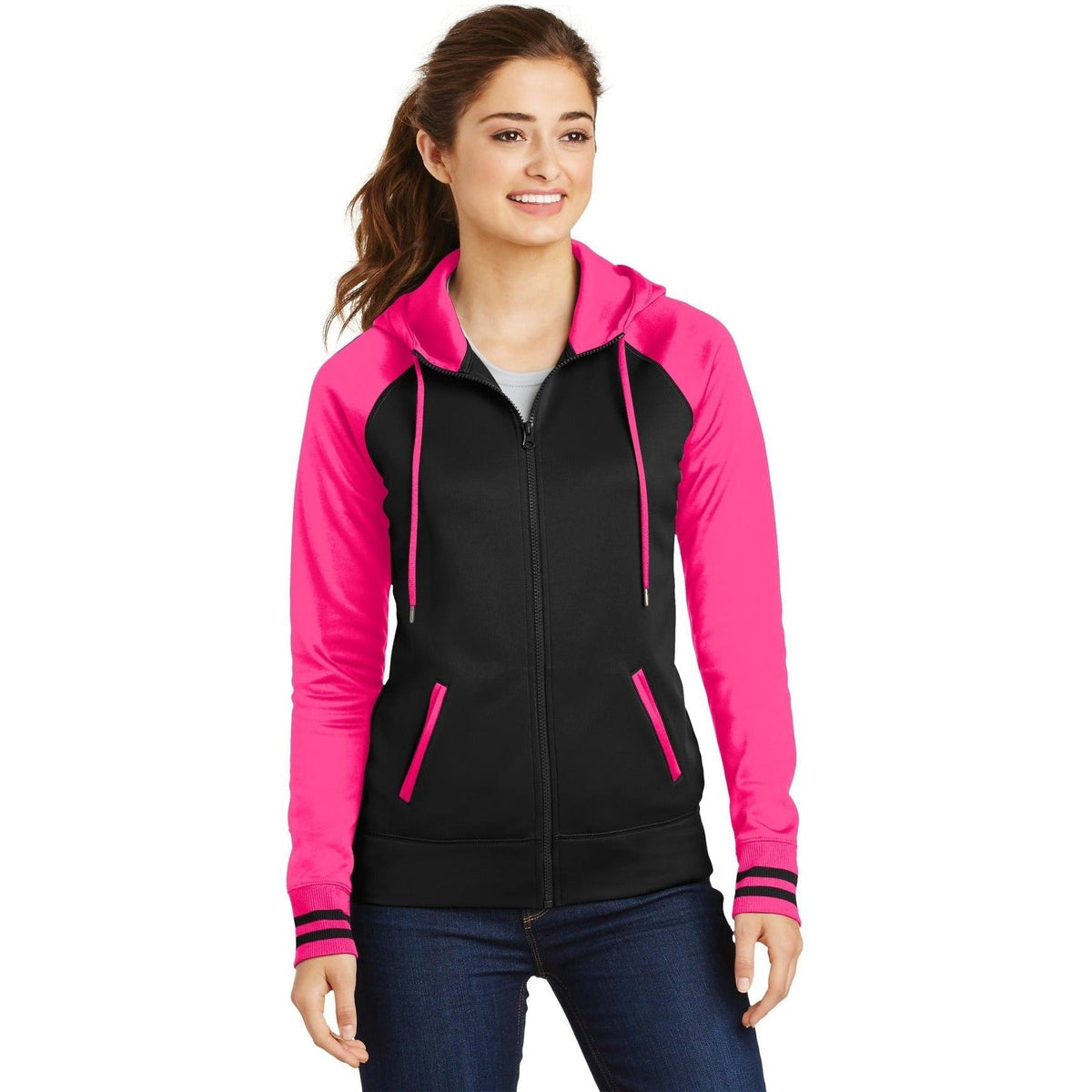 no-logo Sport-Tek Ladies Sport-Wick Varsity Fleece Full-Zip Hooded Jacket-Regular-Sport-Tek-Black/Neon Pink-S-Thread Logic
