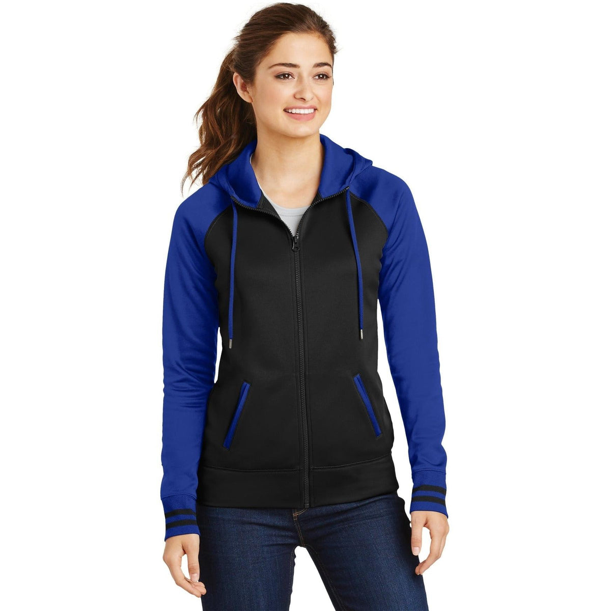no-logo Sport-Tek Ladies Sport-Wick Varsity Fleece Full-Zip Hooded Jacket-Regular-Sport-Tek-Black/True Royal-S-Thread Logic