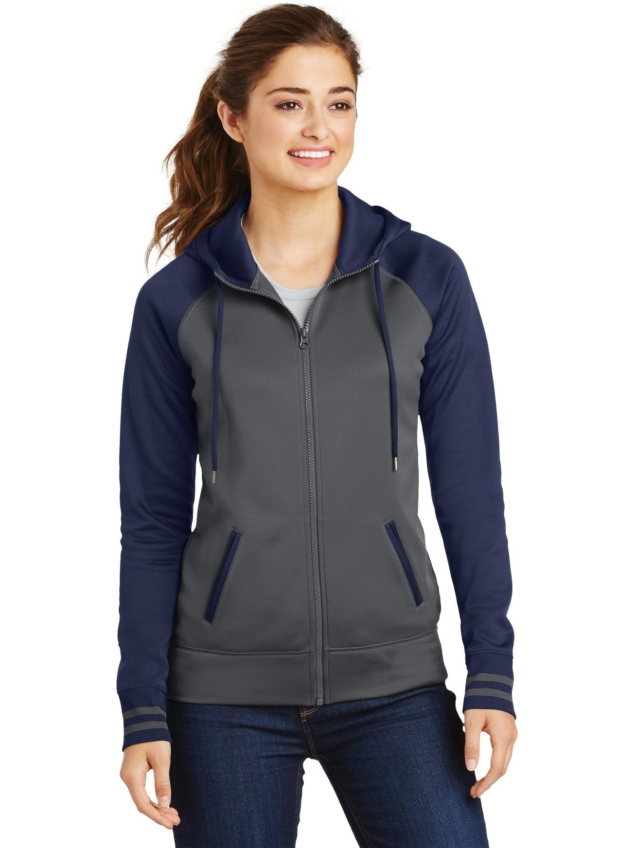 Sport-Tek Ladies Sport-Wick Varsity Fleece Full-Zip Hooded Jacket-Regular-Sport-Tek-Dark Smoke Grey/Navy-S-Thread Logic