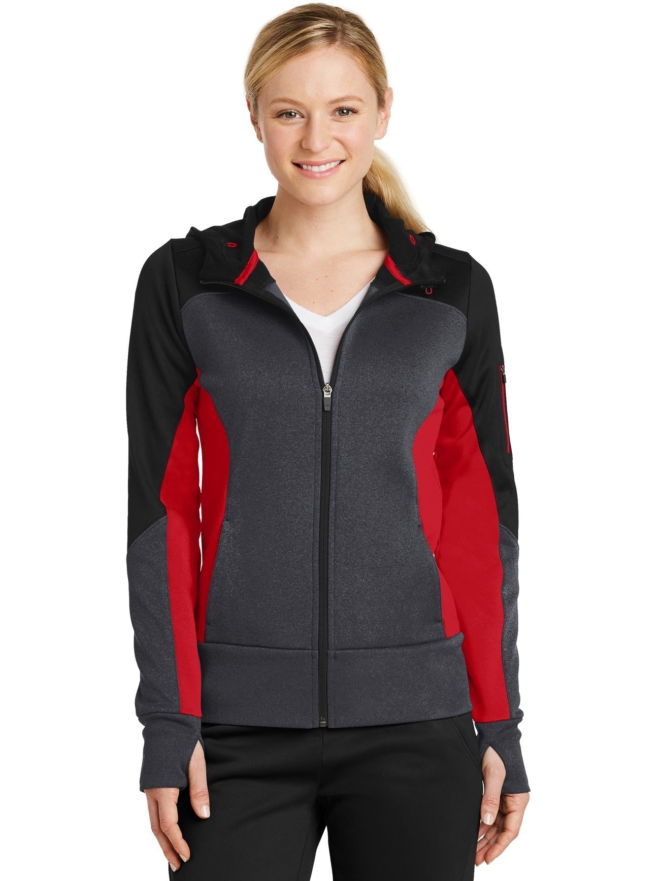 No-Logo CLOSEOUT - Sport-Tek Ladies Tech Fleece Colorblock Full-Zip Hooded Jacket-Full Zips-Sport-Tek-Black/Graphite Heather/True Red-XS-Thread Logic