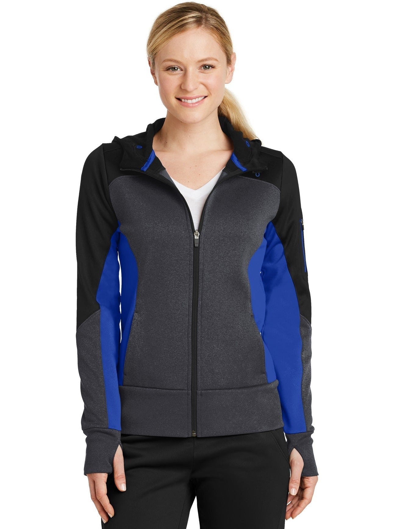 No-Logo CLOSEOUT - Sport-Tek Ladies Tech Fleece Colorblock Full-Zip Hooded Jacket-Full Zips-Sport-Tek-Black/Graphite Heather/True Royal-XS-Thread Logic